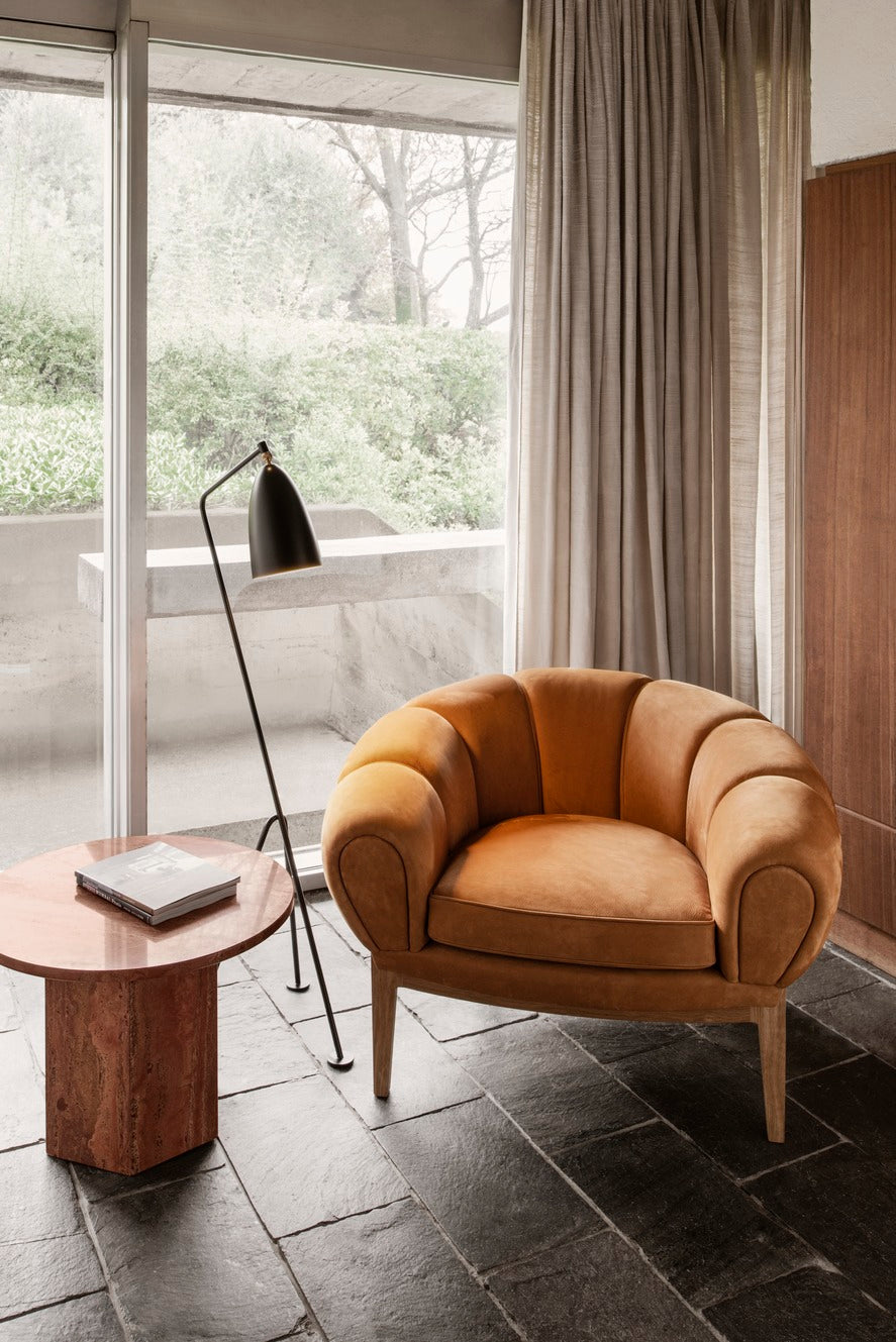 CROISSANT upholstered armchair with walnut base
