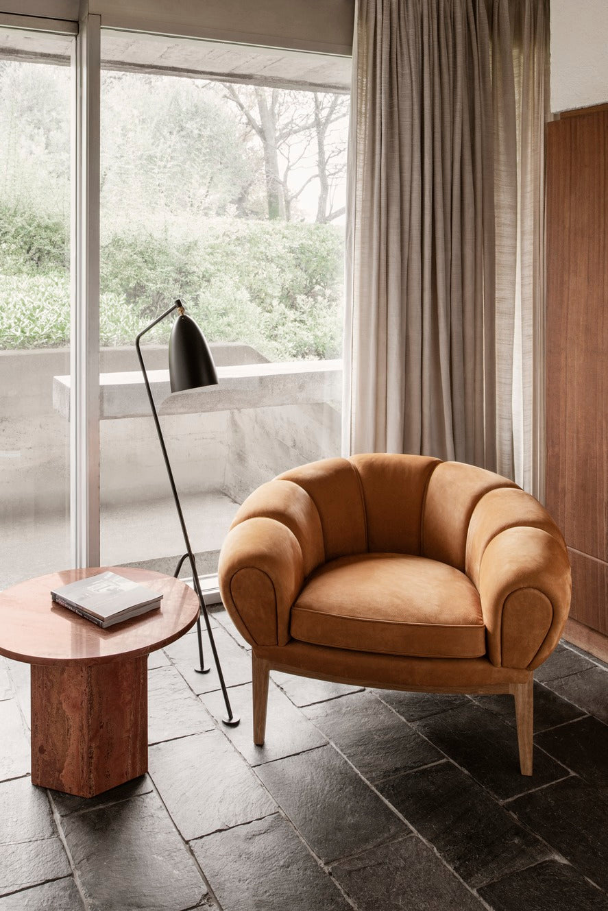 CROISSANT upholstered armchair with walnut base