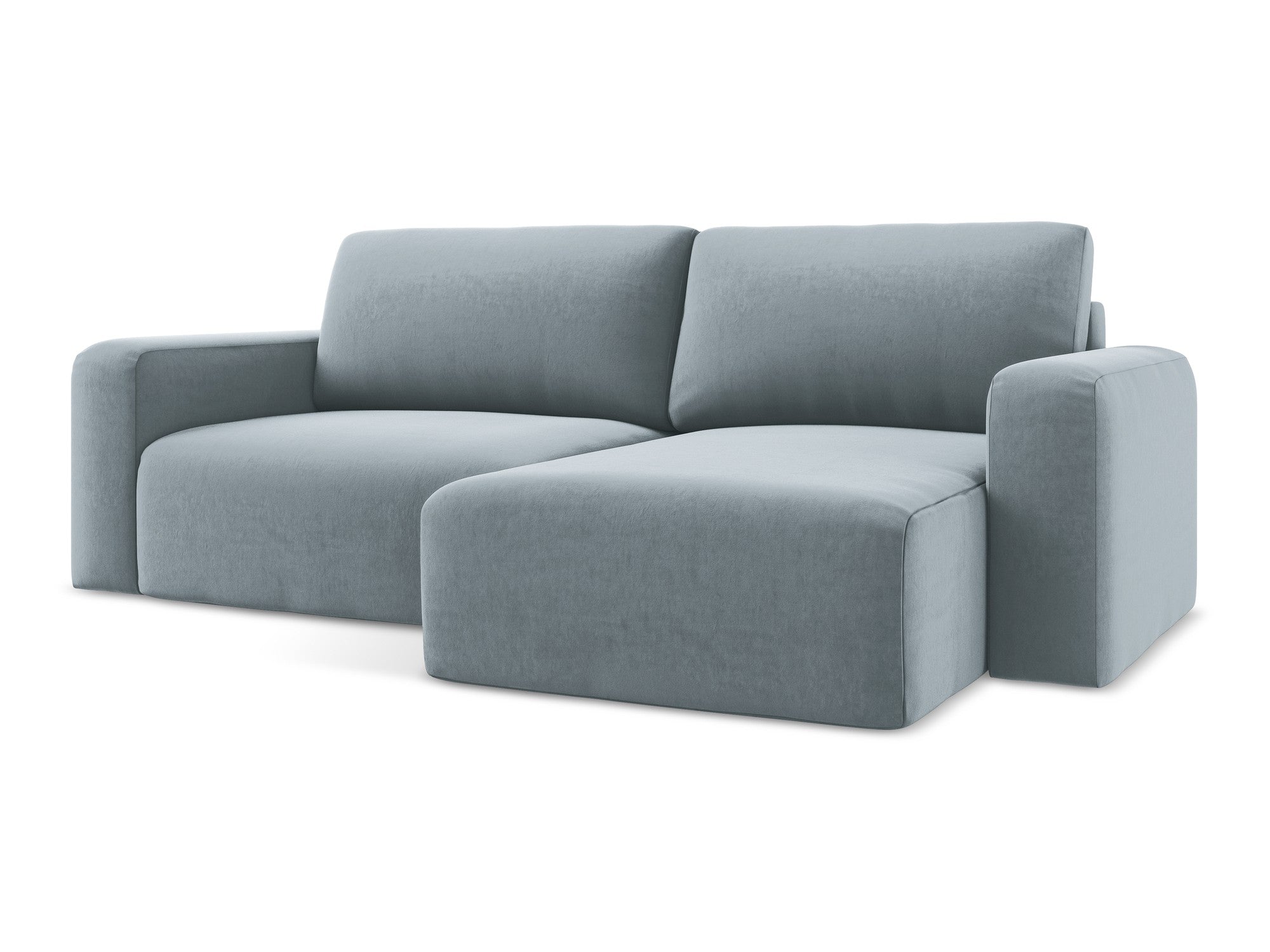 Svetlomodrý pravostranný sametový rohový gauč s funkciou spania KONA