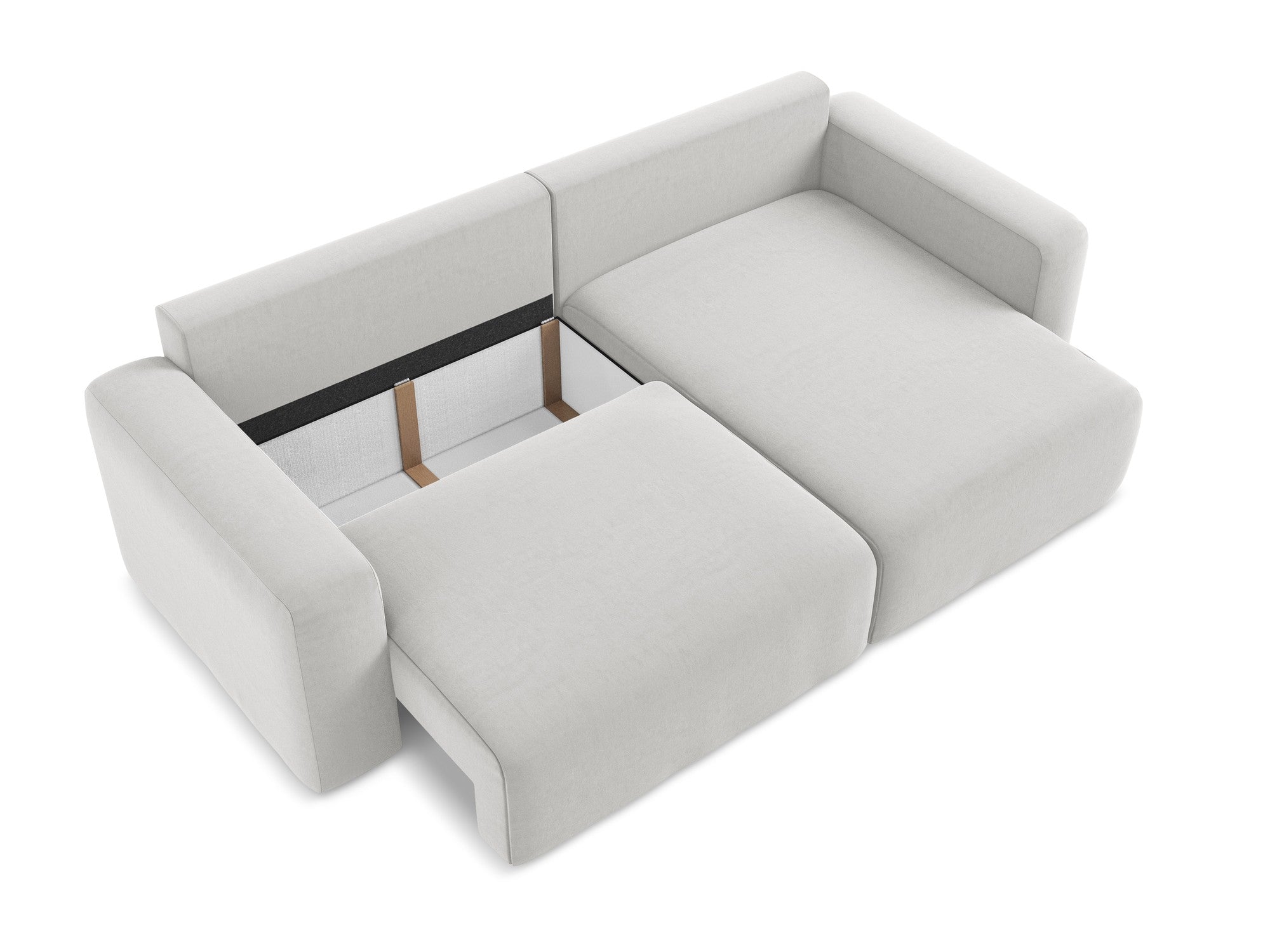 Sivý strieborný pravostranný sametový rohový gauč s funkciou spania KONA