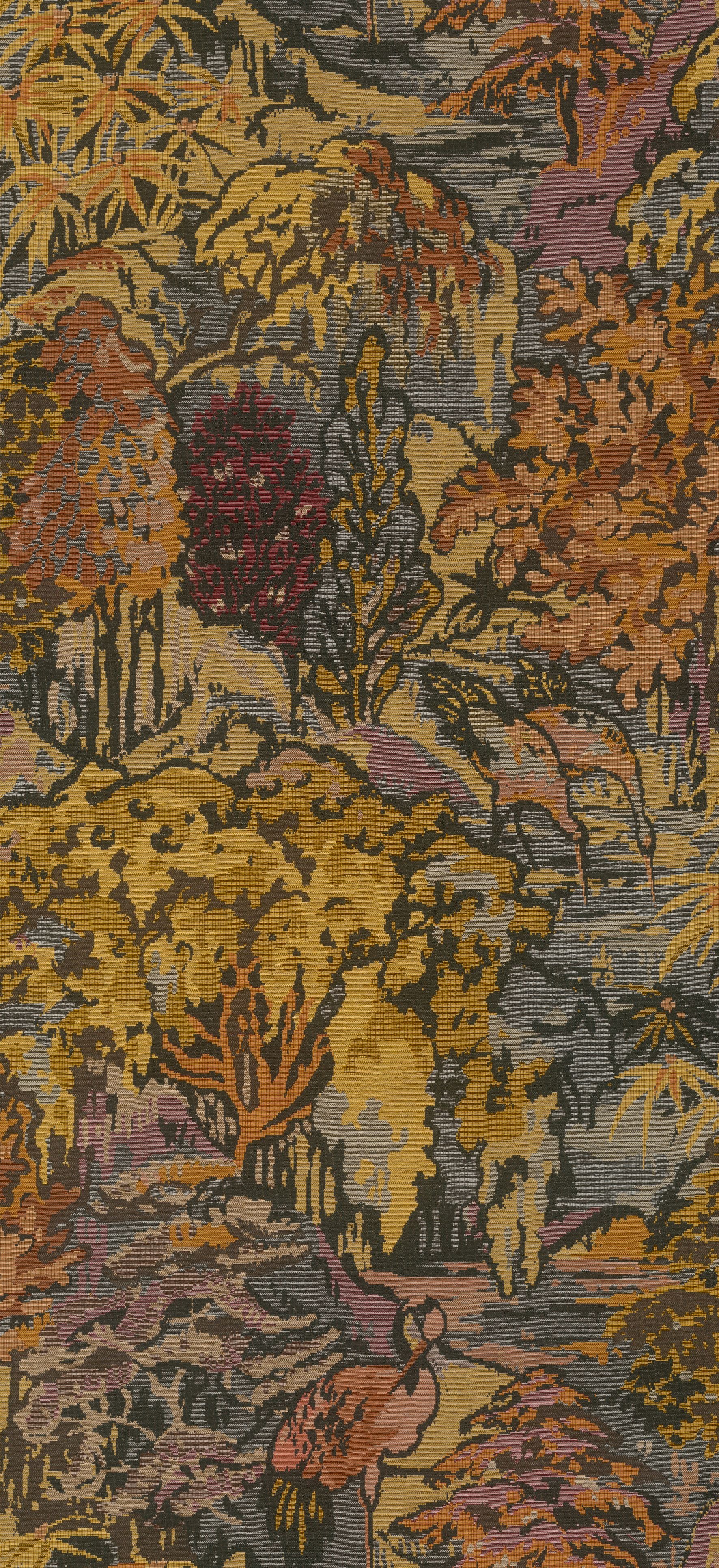Textile wallpaper with a plant and animal motif RIVERBANK gold with orange
