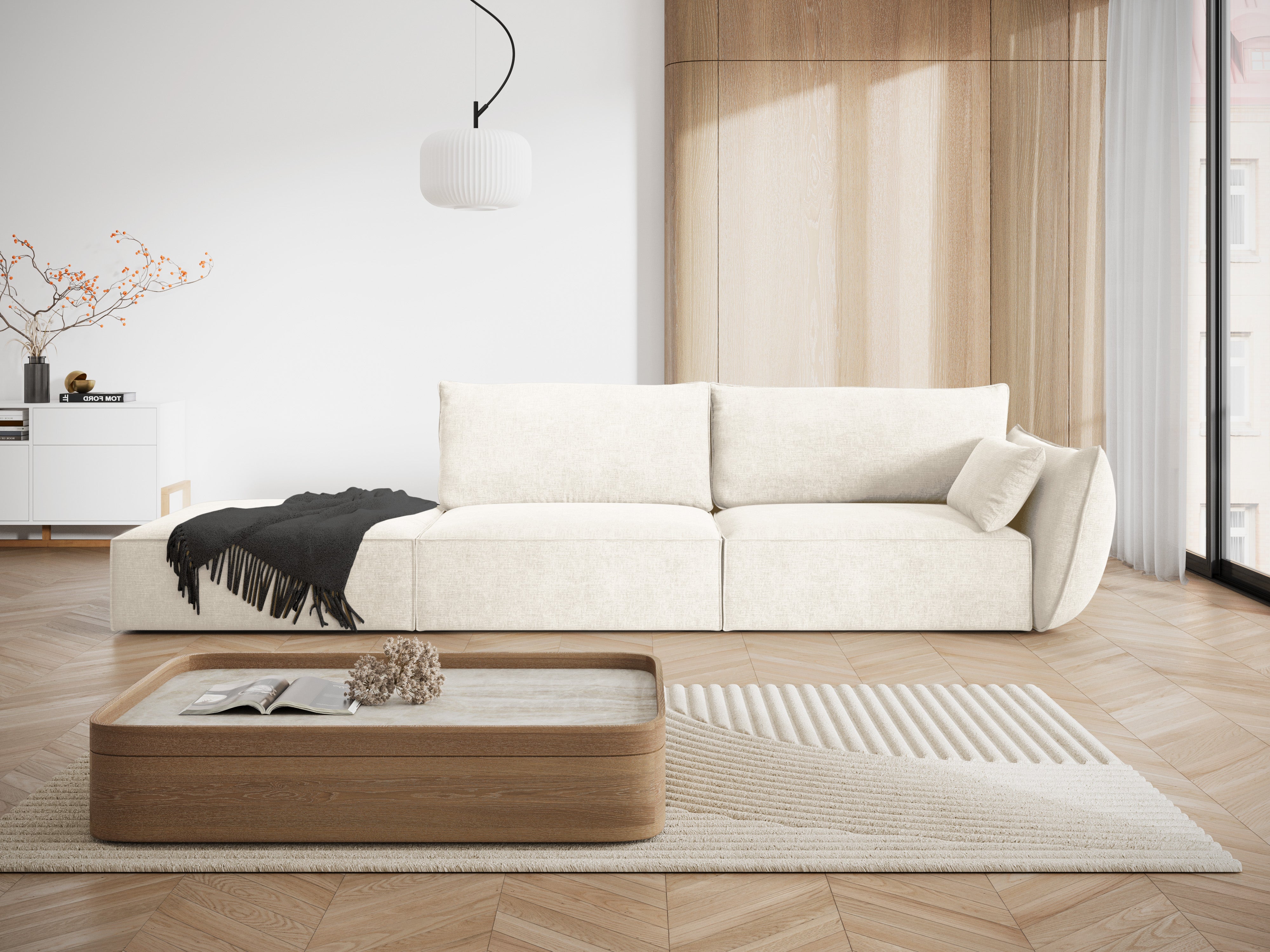 Sofa v zamatovej tkanine ľavostranná otvorená VANDA svetlo béžová