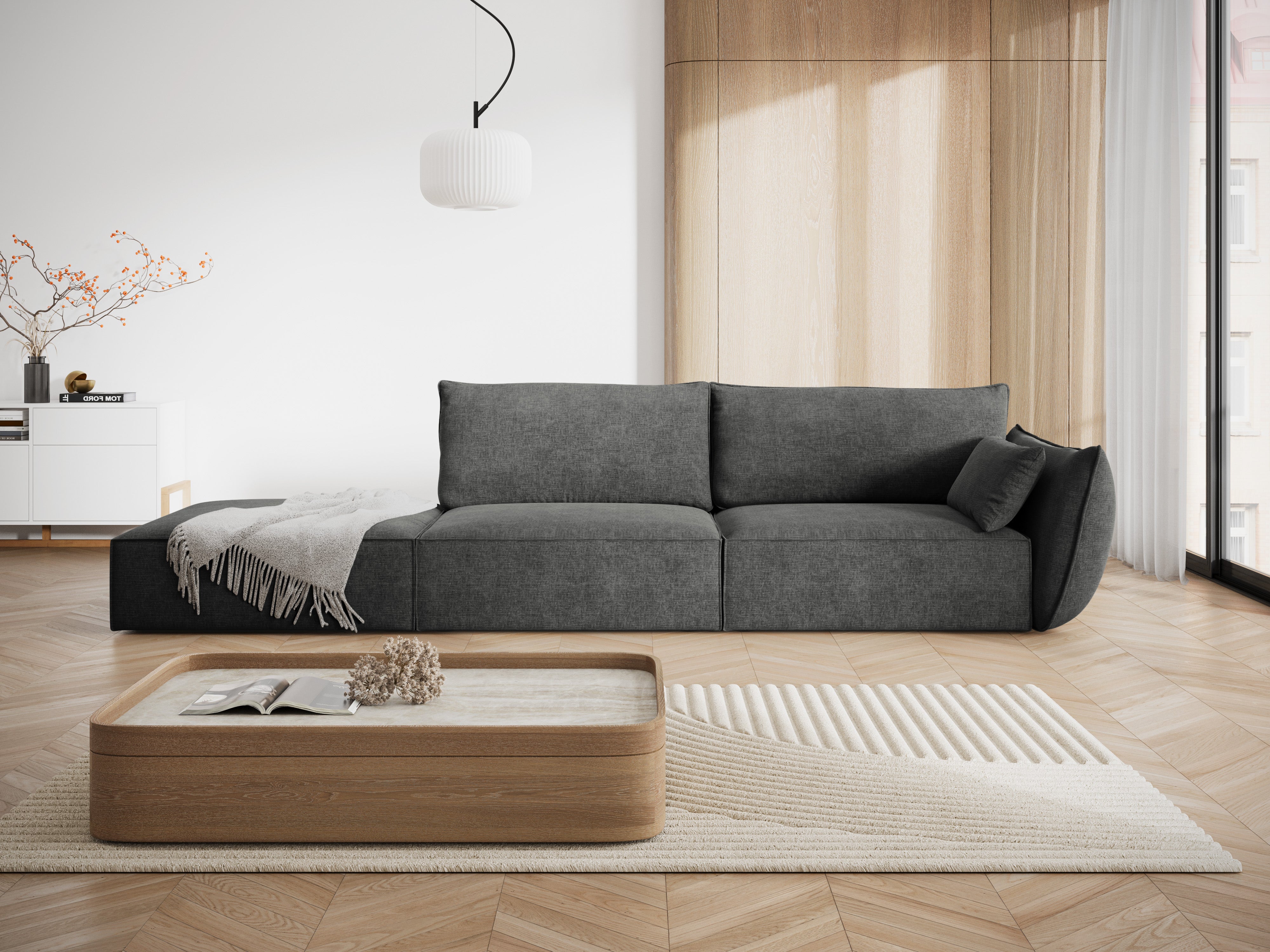 Sofa z tkaniny szenilovej ľavostranná otvorená VANDA tmavosivá