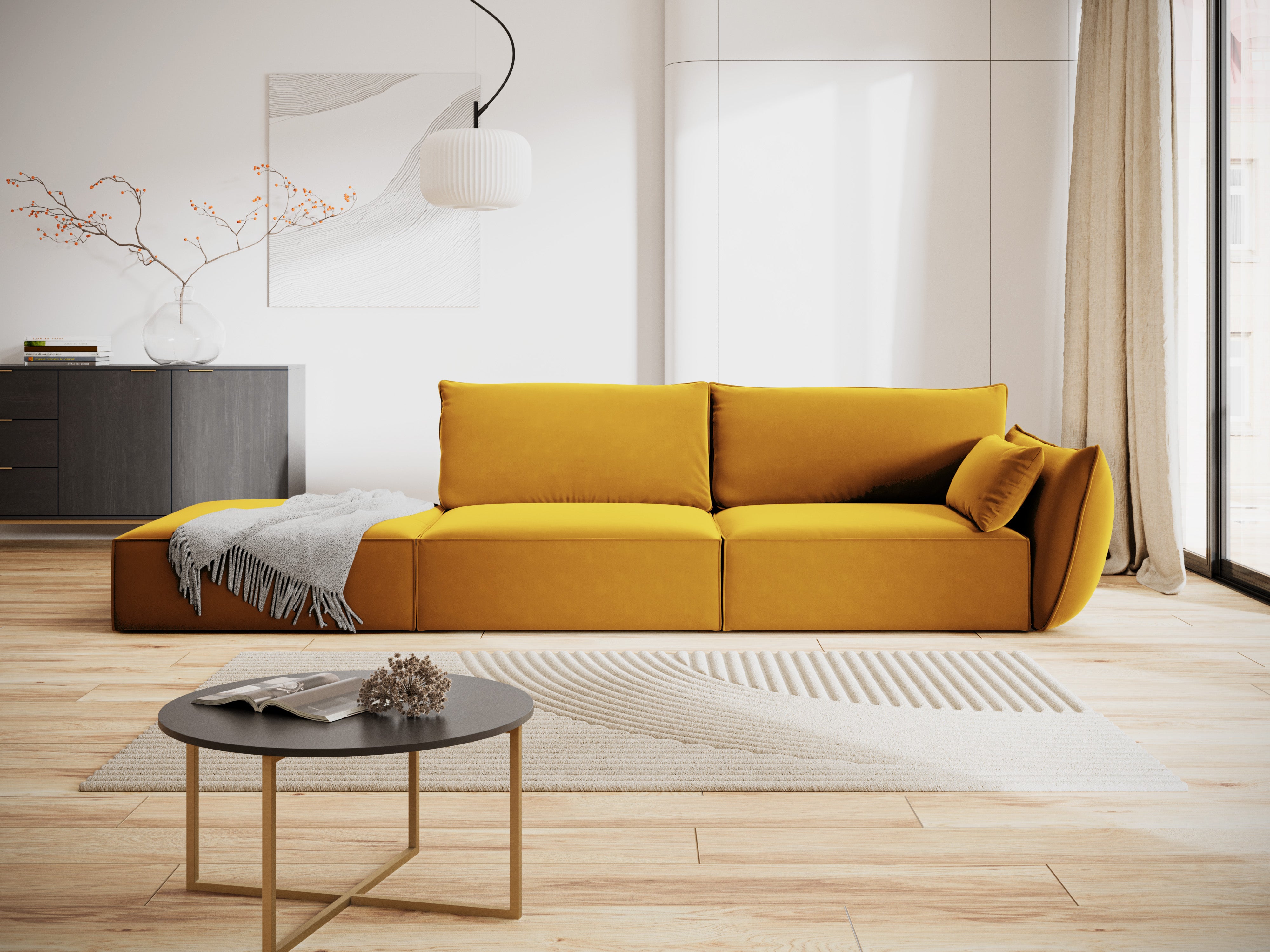 Sofa z jemného velúru ľavostranná otvorená VANDA horčicová