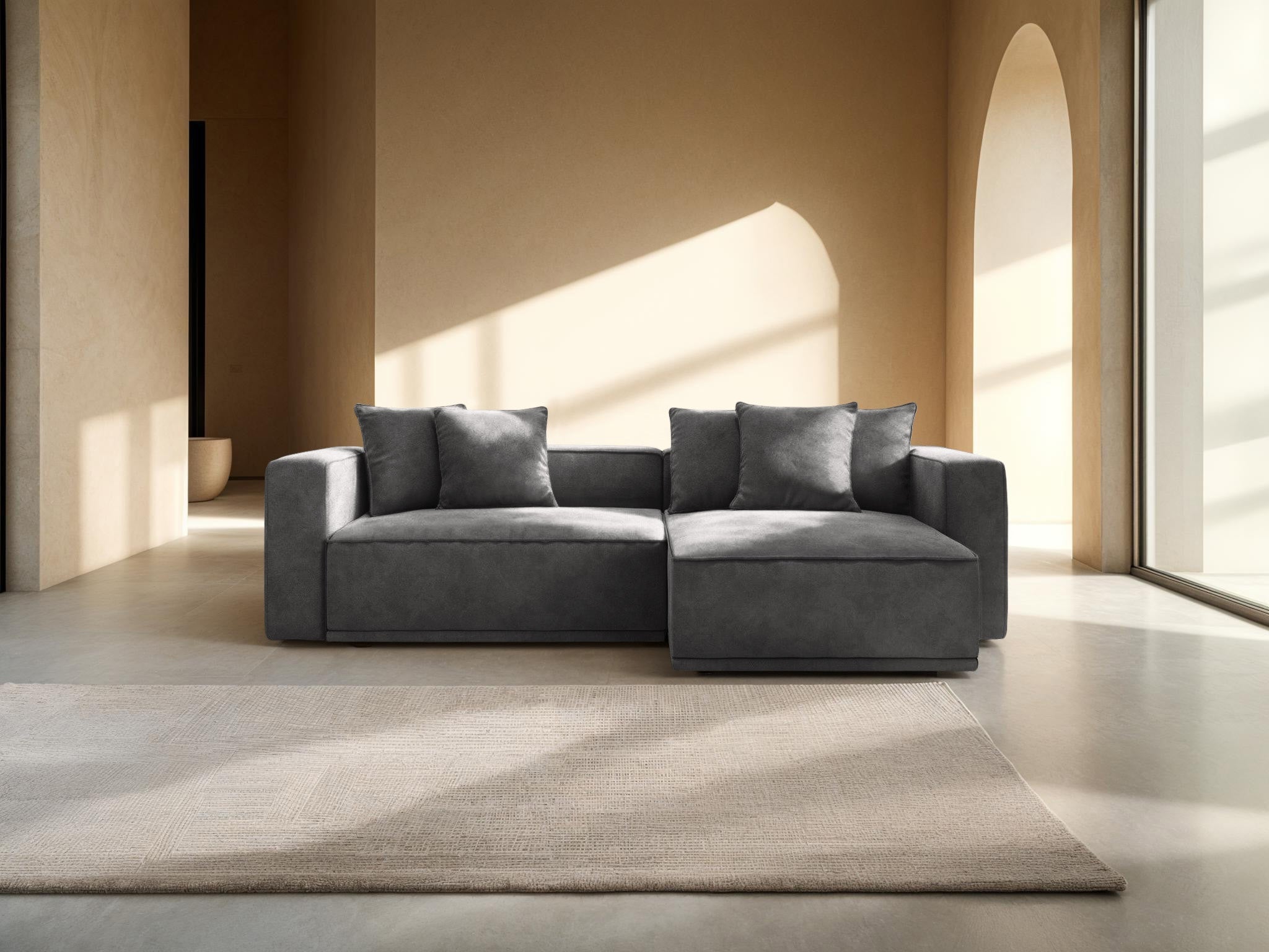 Sivý pravostranný sametový rohový gauč s funkciou spania RIBES