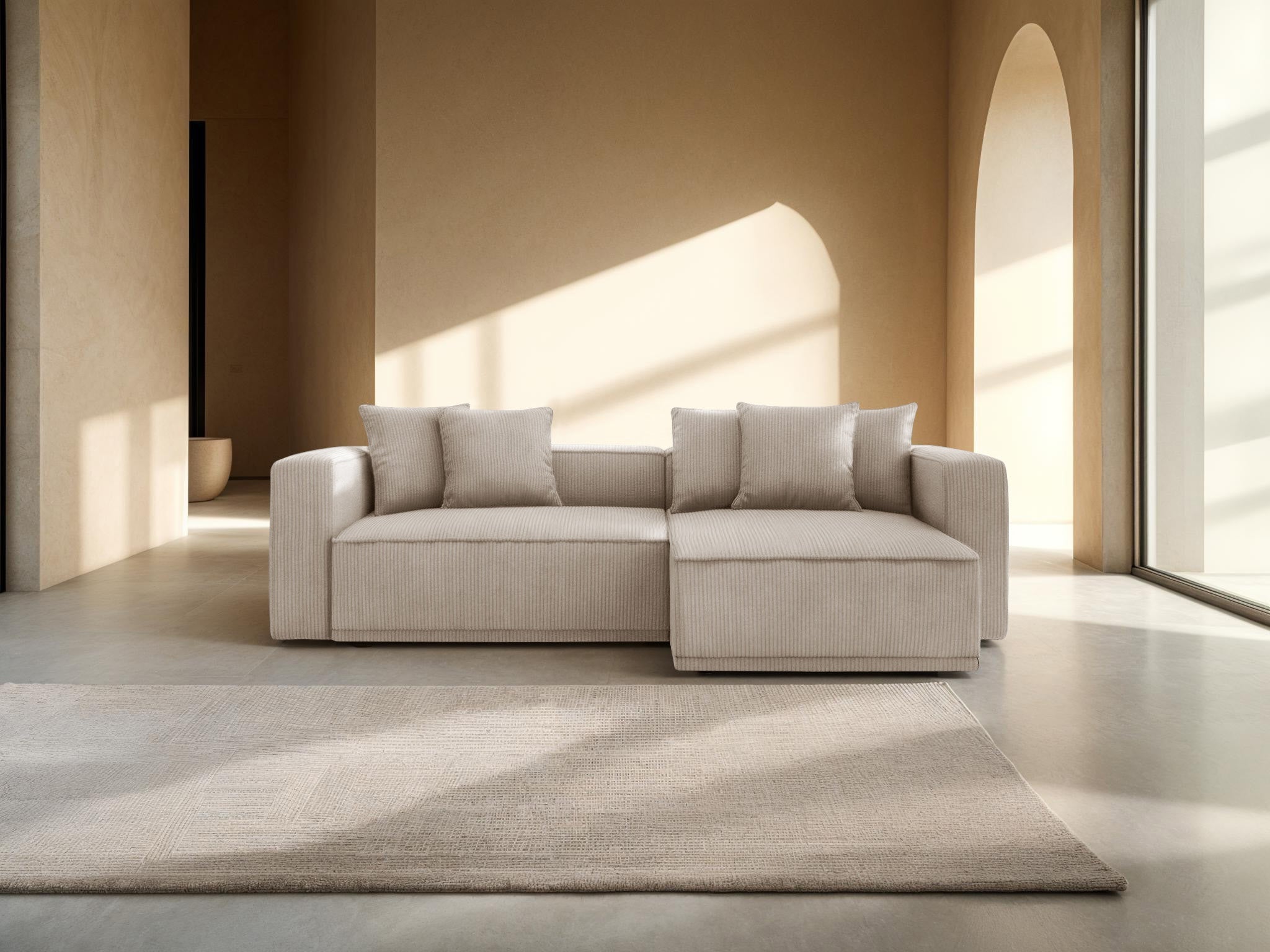 Right-sided corner sofa bed RIBES beige corduroy