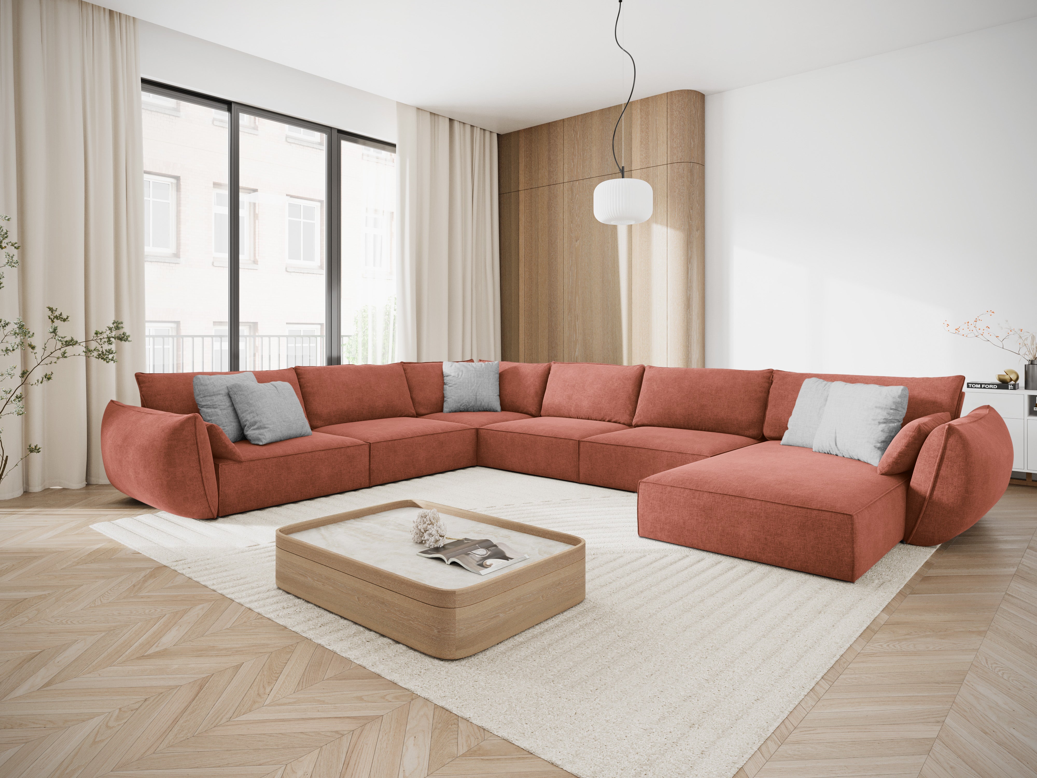 Panoramatický rohový gauč v šenilovej tkanine ľavý VANDA terakota