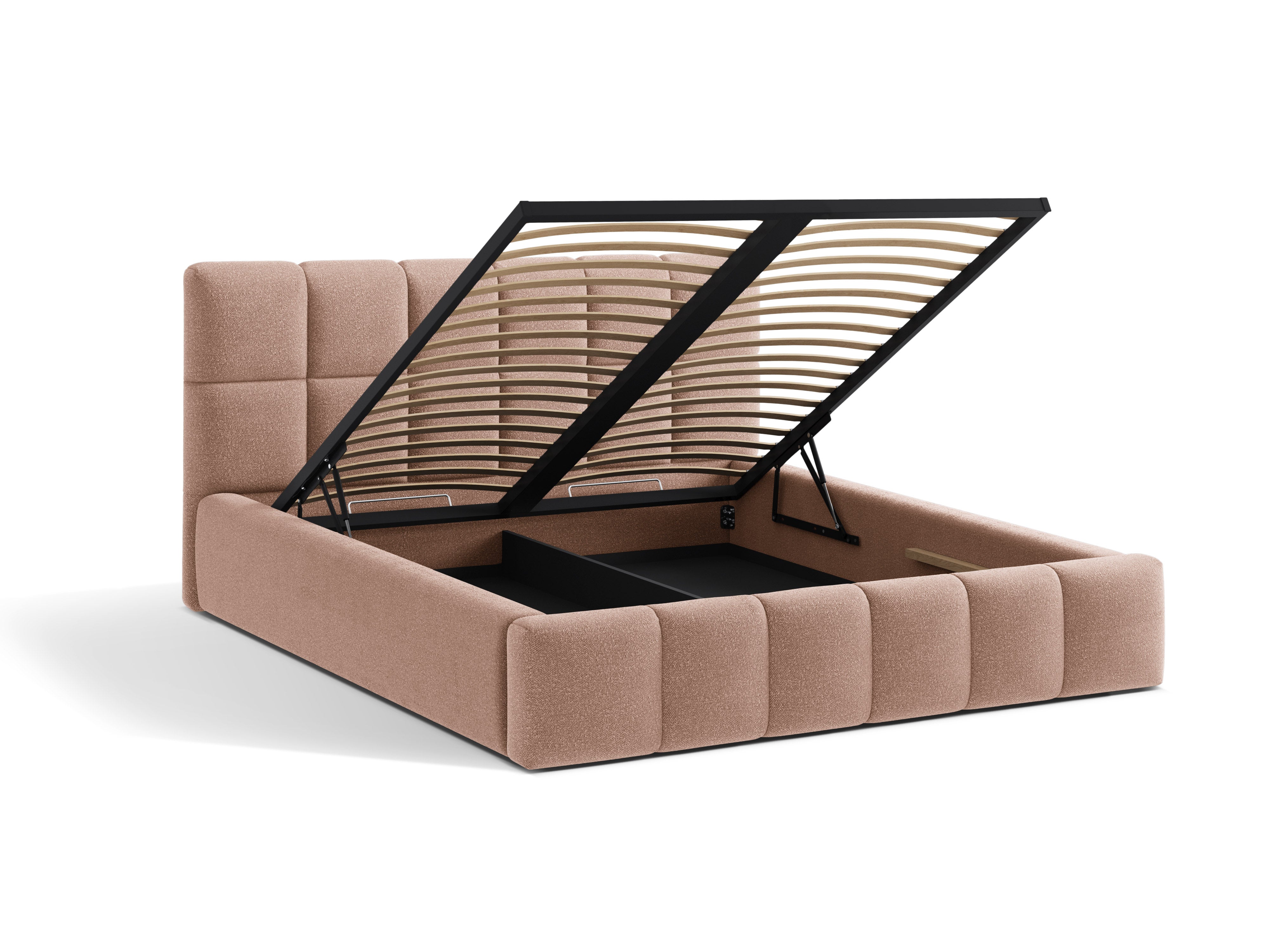 Posteľ s úložným priestorom BELLIS v pudrovom ružovom boucle.