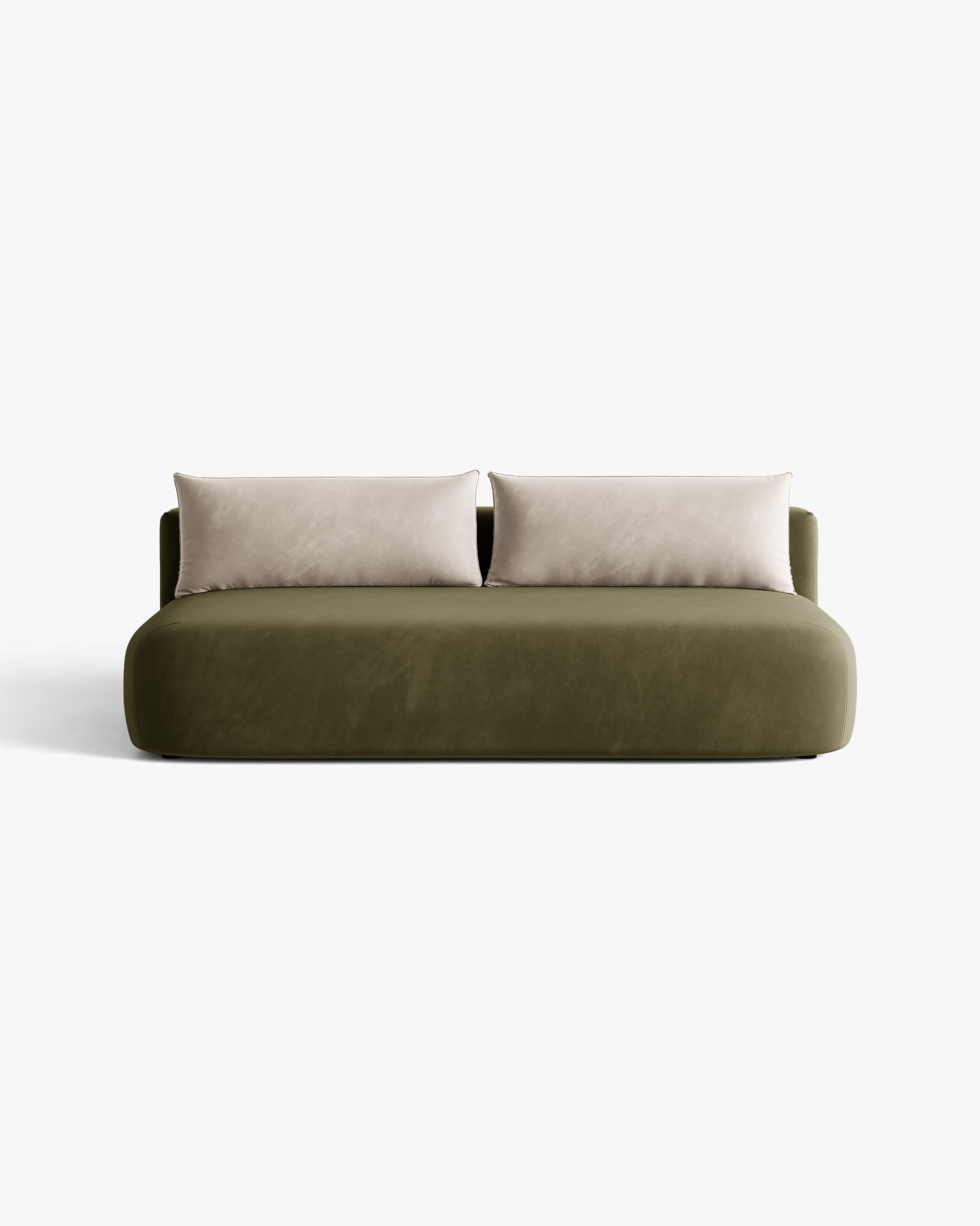 Sofa pre 3 osoby z aksamitom a funkciou spania HENA v zelenej farbe s béžovými vankúšmi.
