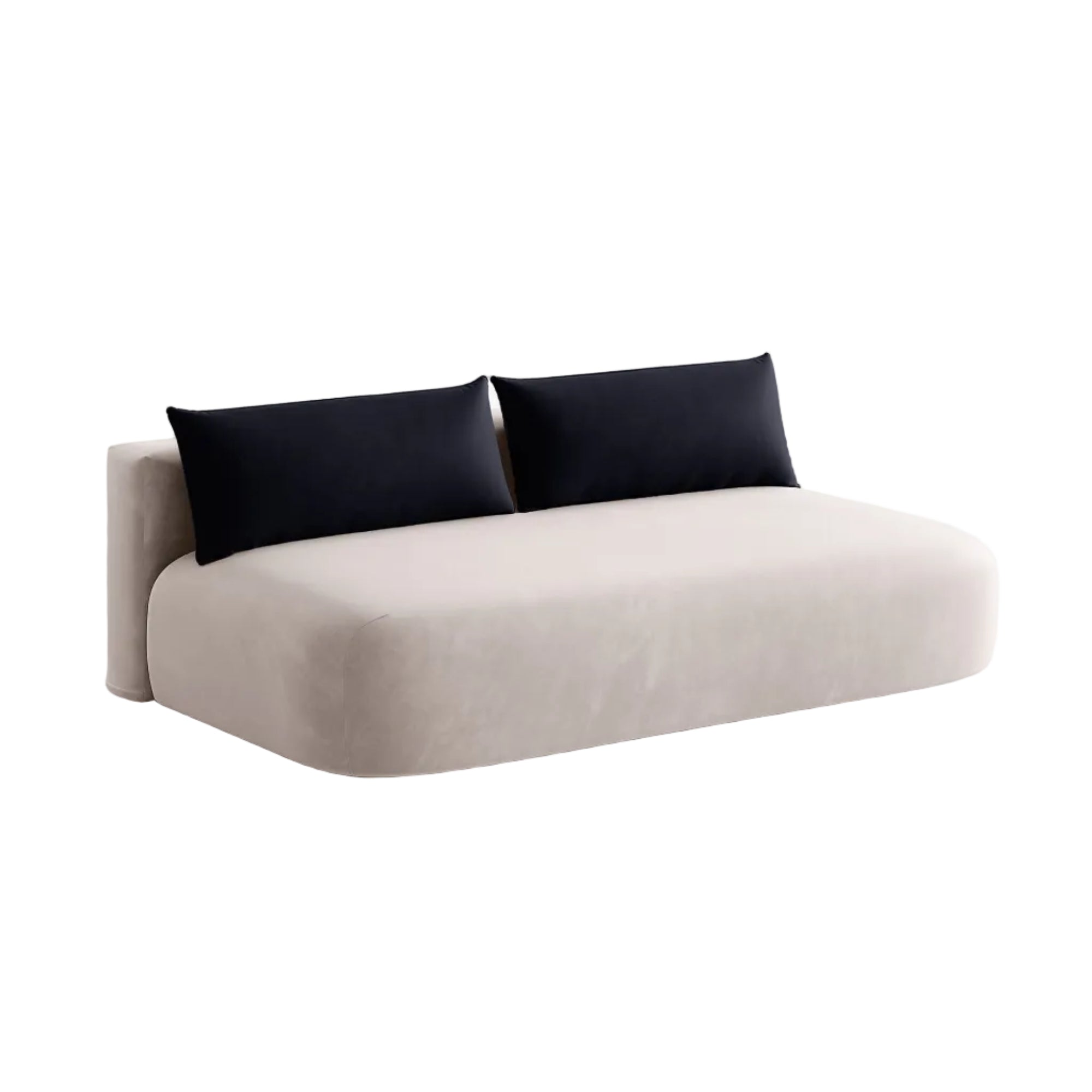 Sofa pre tri osoby z jemného zamatového materiálu s funkciou spania HENA v svetlosivej farbe s modrými vankúšmi.