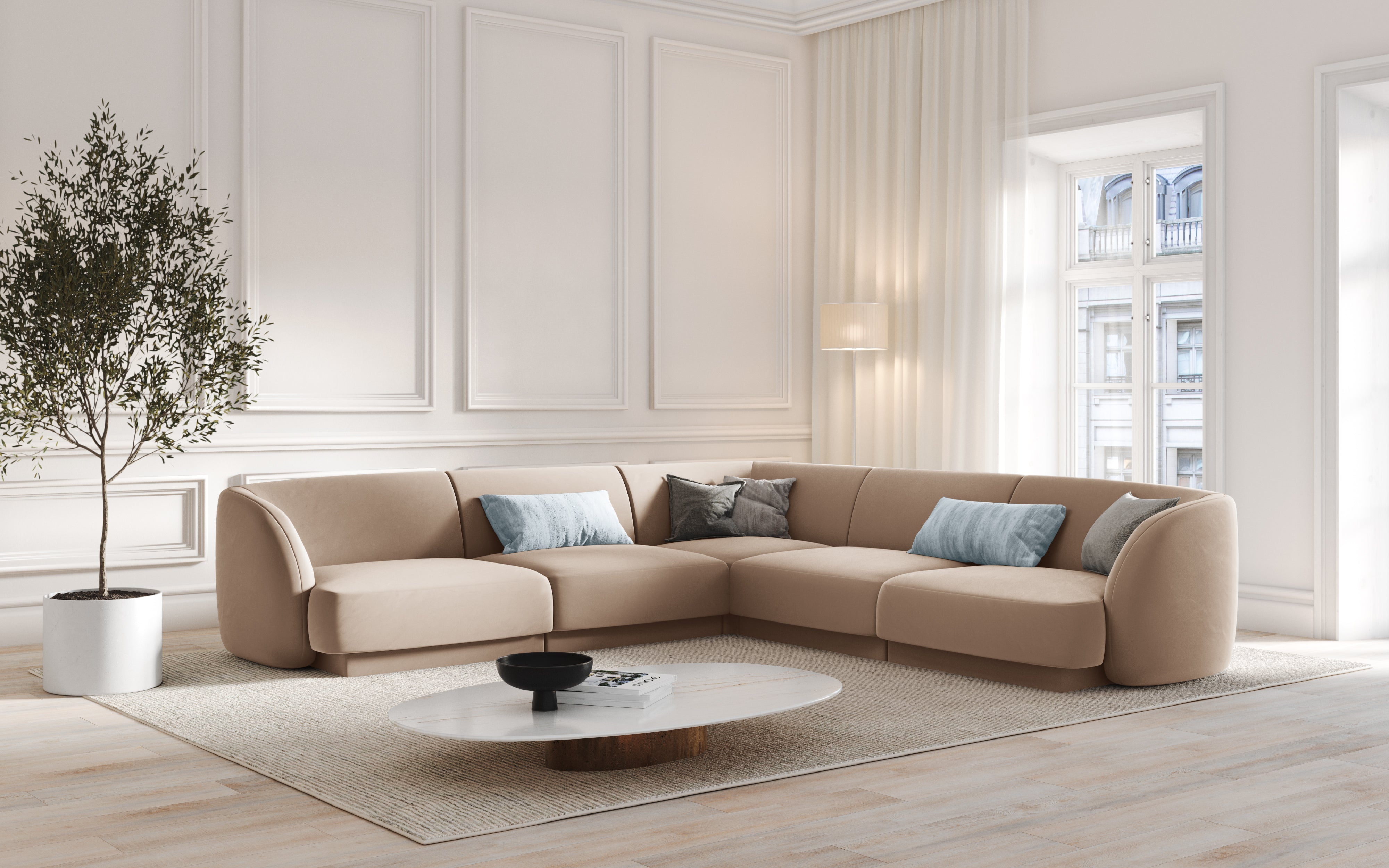 Left-sided corner sofa for 6 people MILEY beige chenille