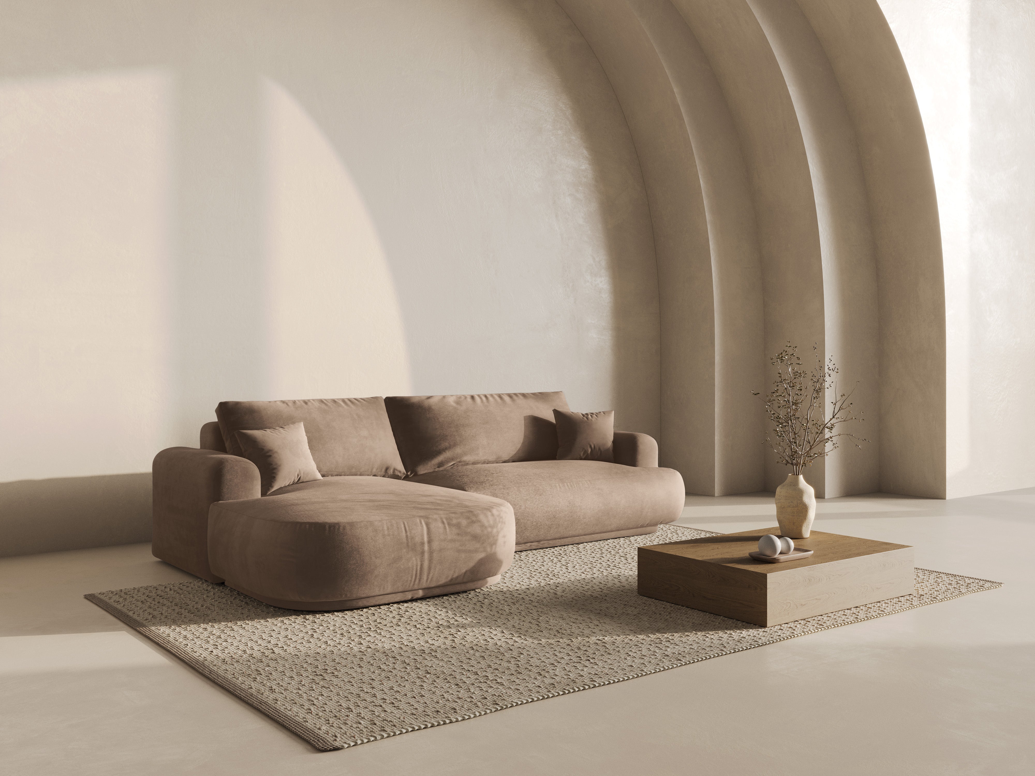 Rohová sedačka s funkciou spania ELLA z jemného zamatového materiálu, ľavá strana, tmavobéžová