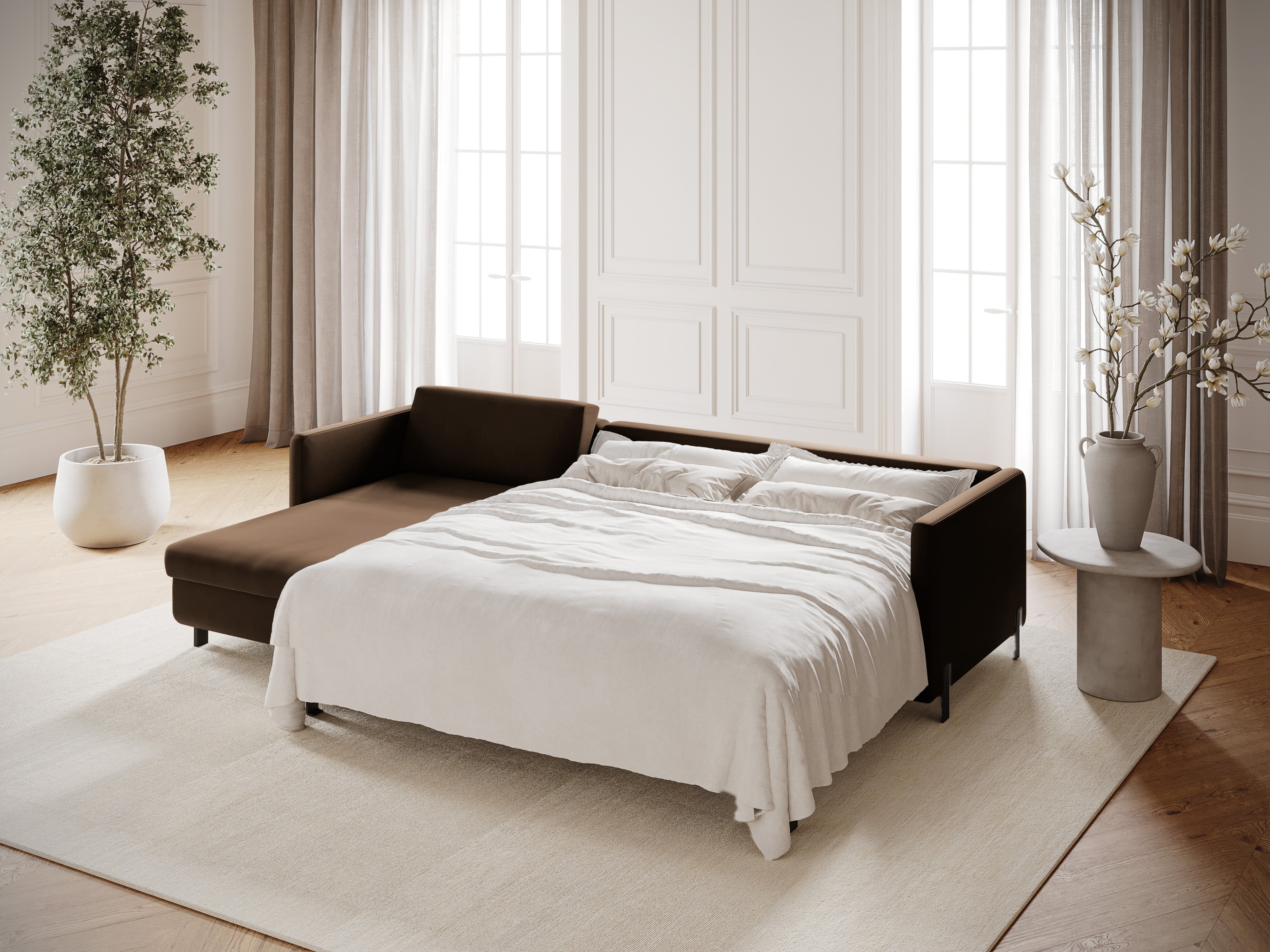 Sametový rohový gauč ľavostranný s funkciou spania GLORIA čokoládový