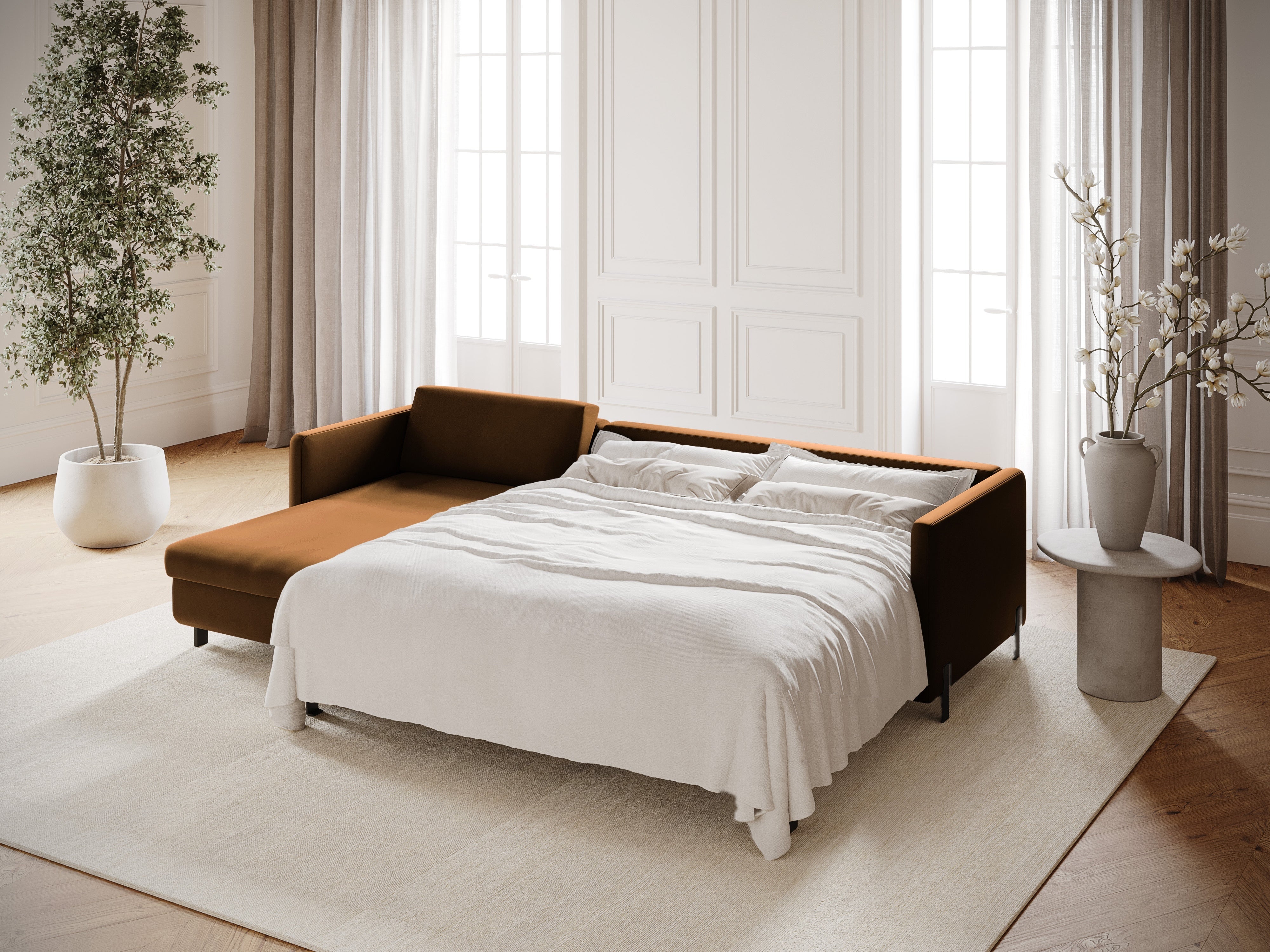 Sedačka zamatová ľavostranná s funkciou spania GLORIA hnedá