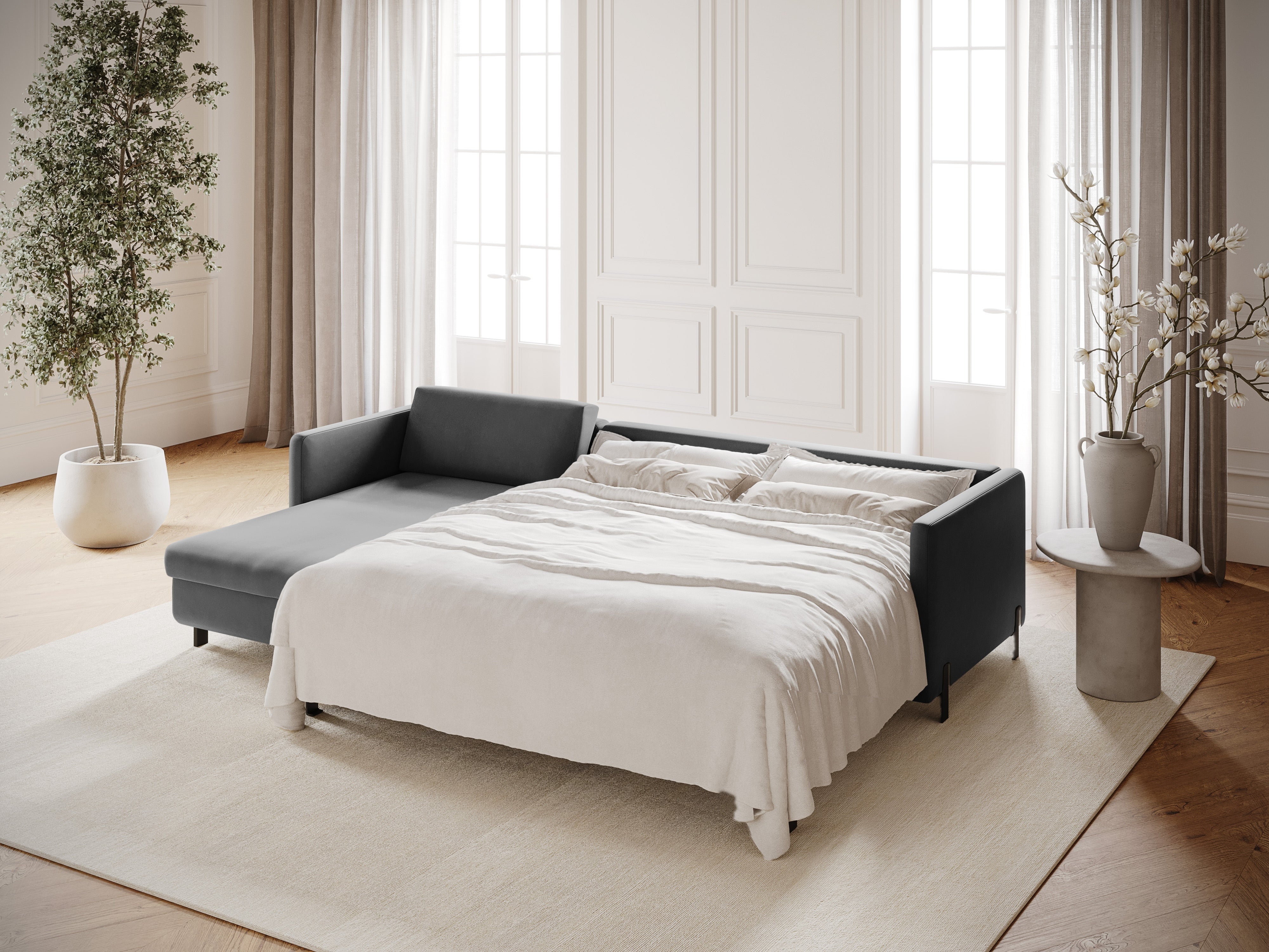 Sivý sametový rohový gauč s funkciou spania GLORIA ľavý