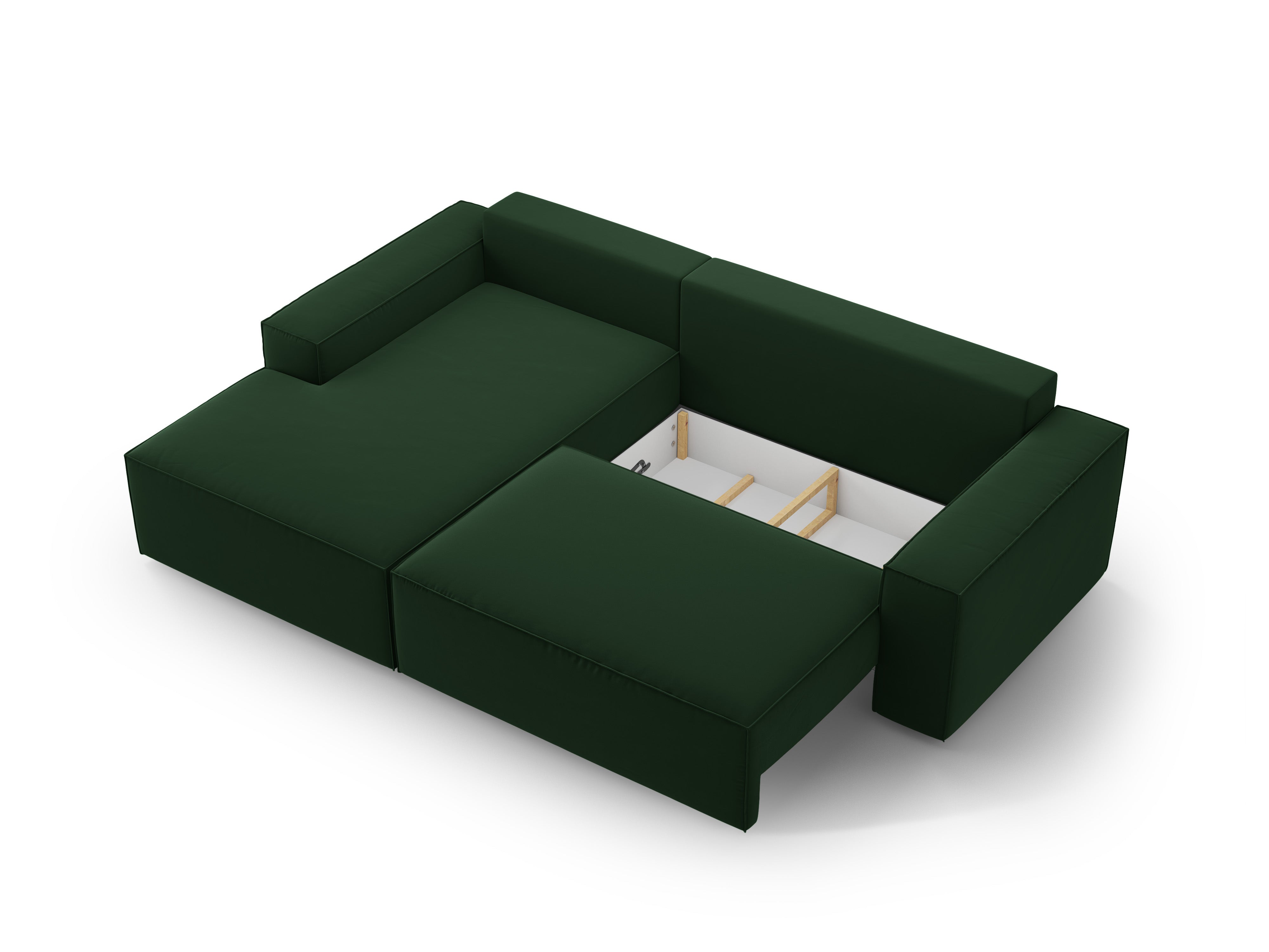 Sametový rohový gauč ľavostranný s funkciou spania JODIE v odtieni fľaškovozelenej