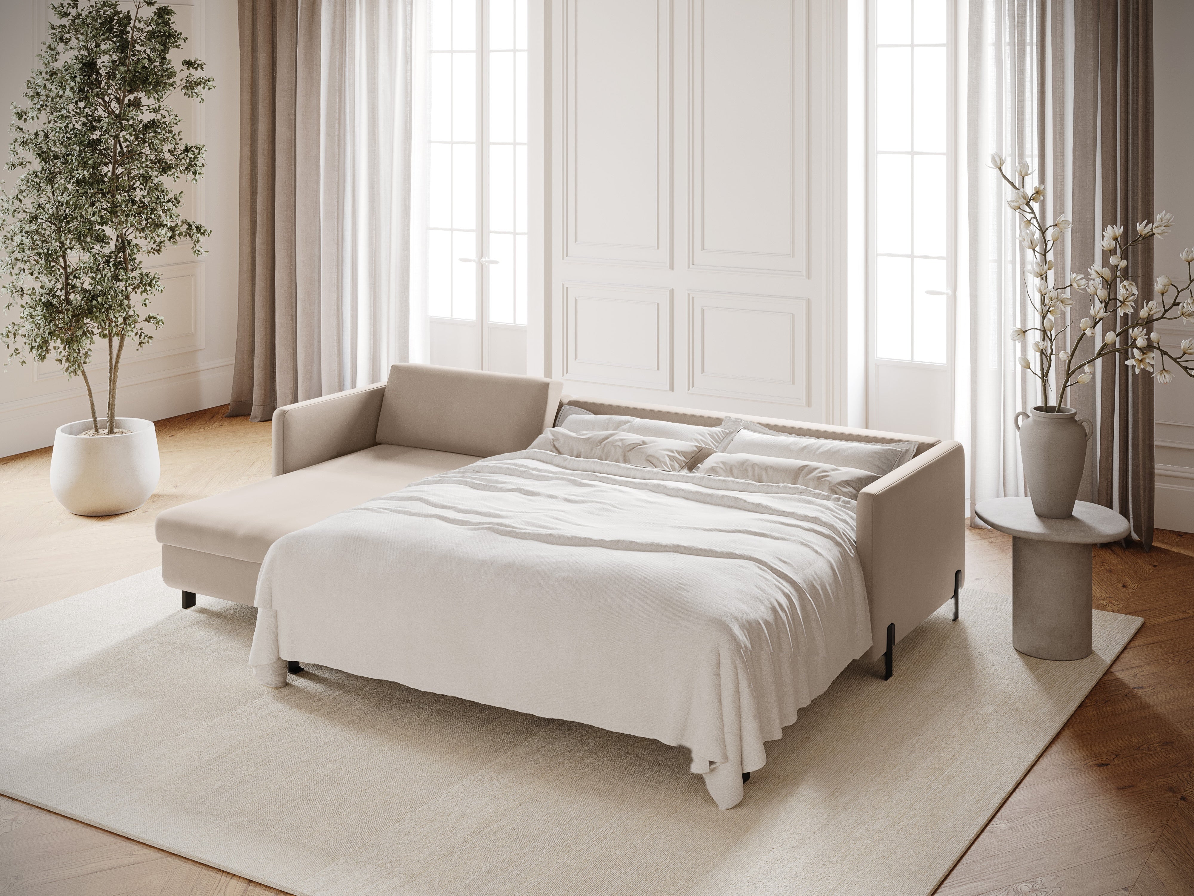 Left-facing velvet corner sofa for 4 people with sleeping function GLORIA beige