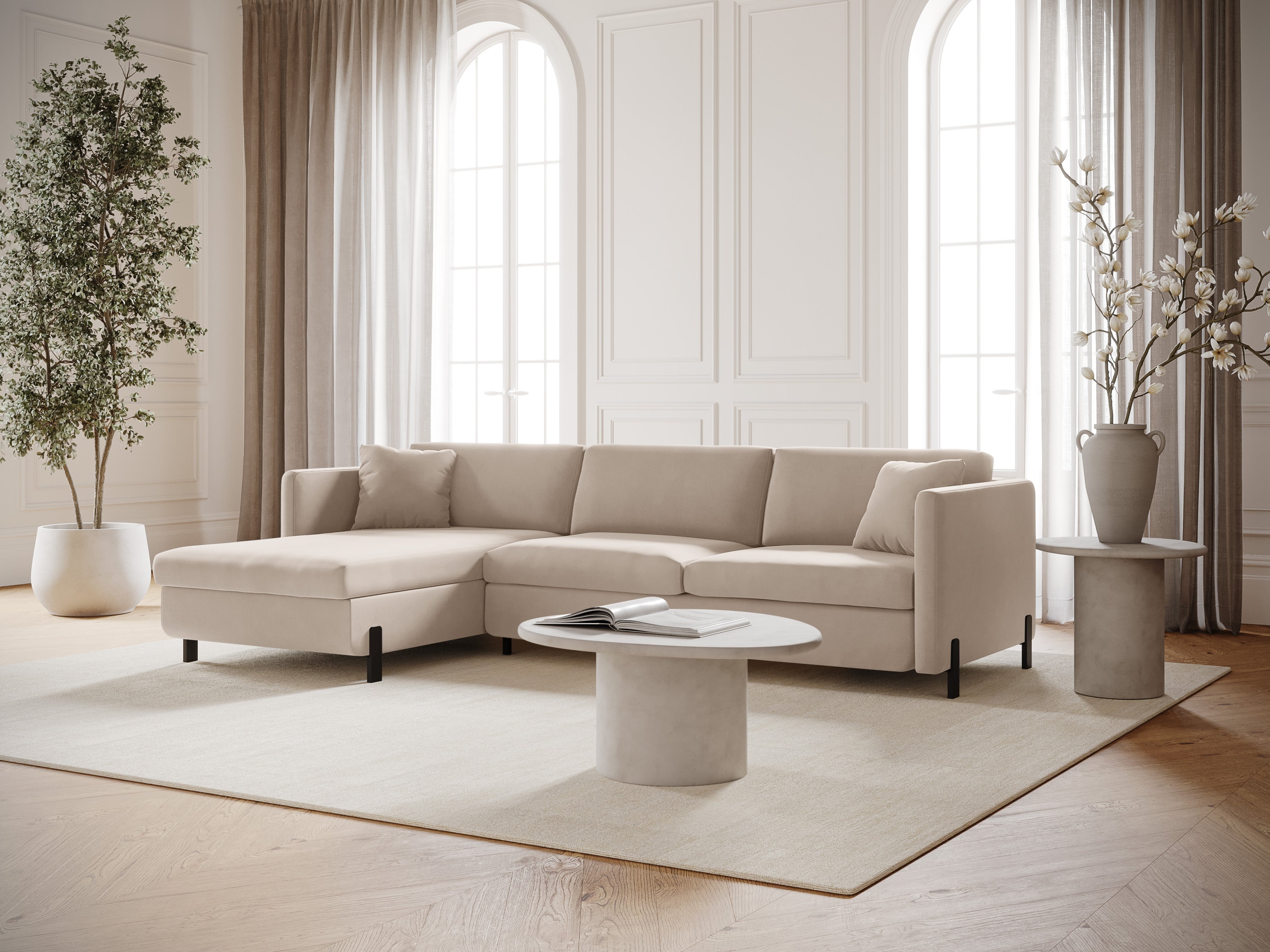 Left-facing velvet corner sofa for 4 people with sleeping function GLORIA beige