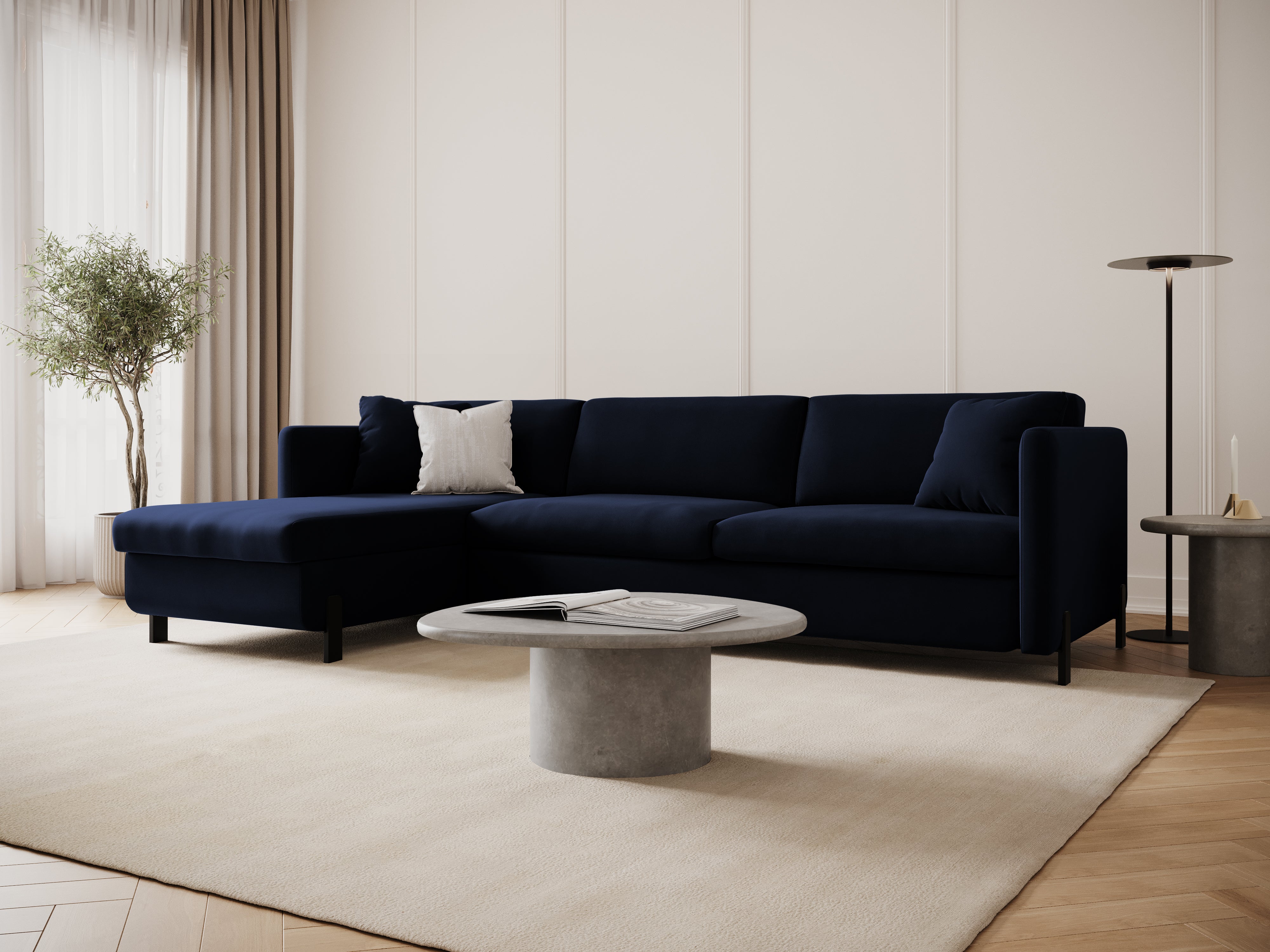 Left-facing velvet corner sofa for 4 people with sleeping function GLORIA royal blue