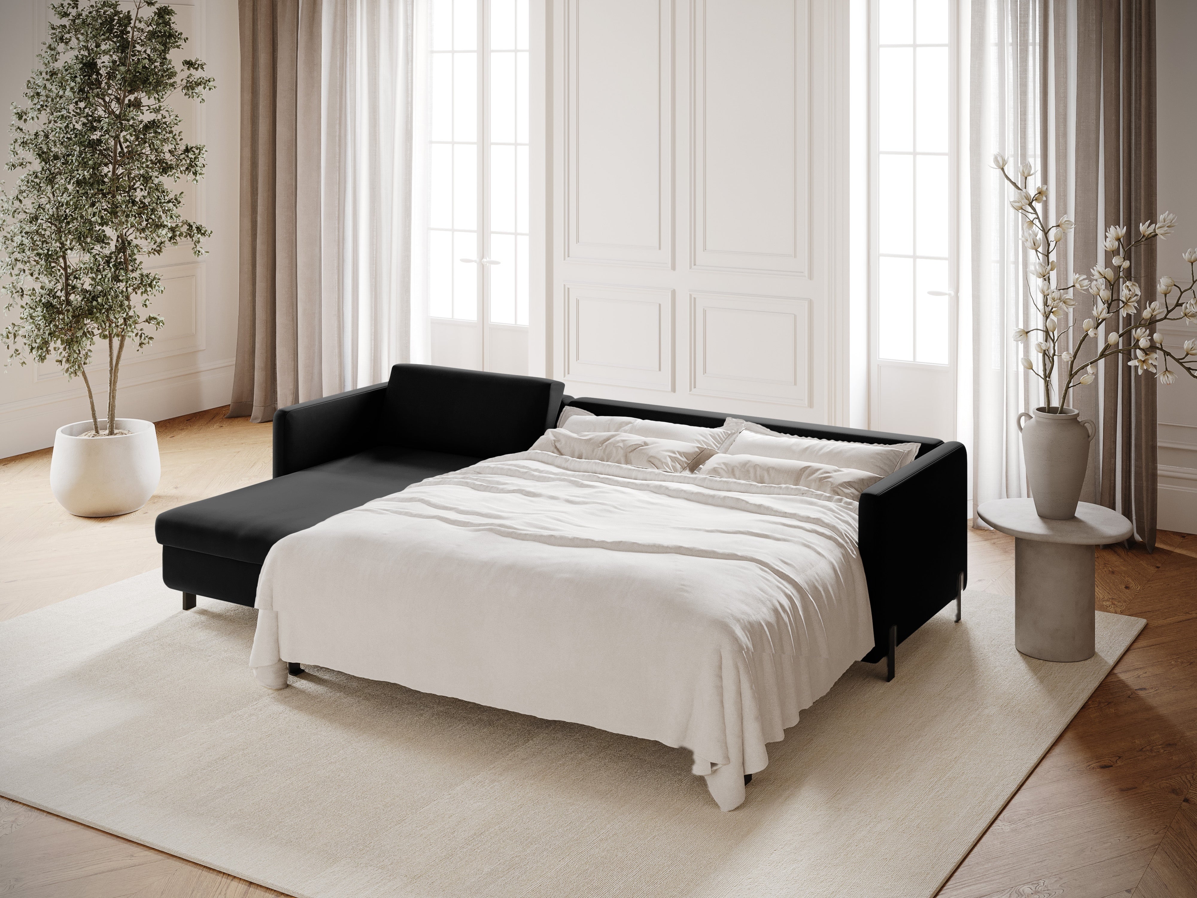 Left-facing velvet corner sofa for 4 people with sleeping function GLORIA black