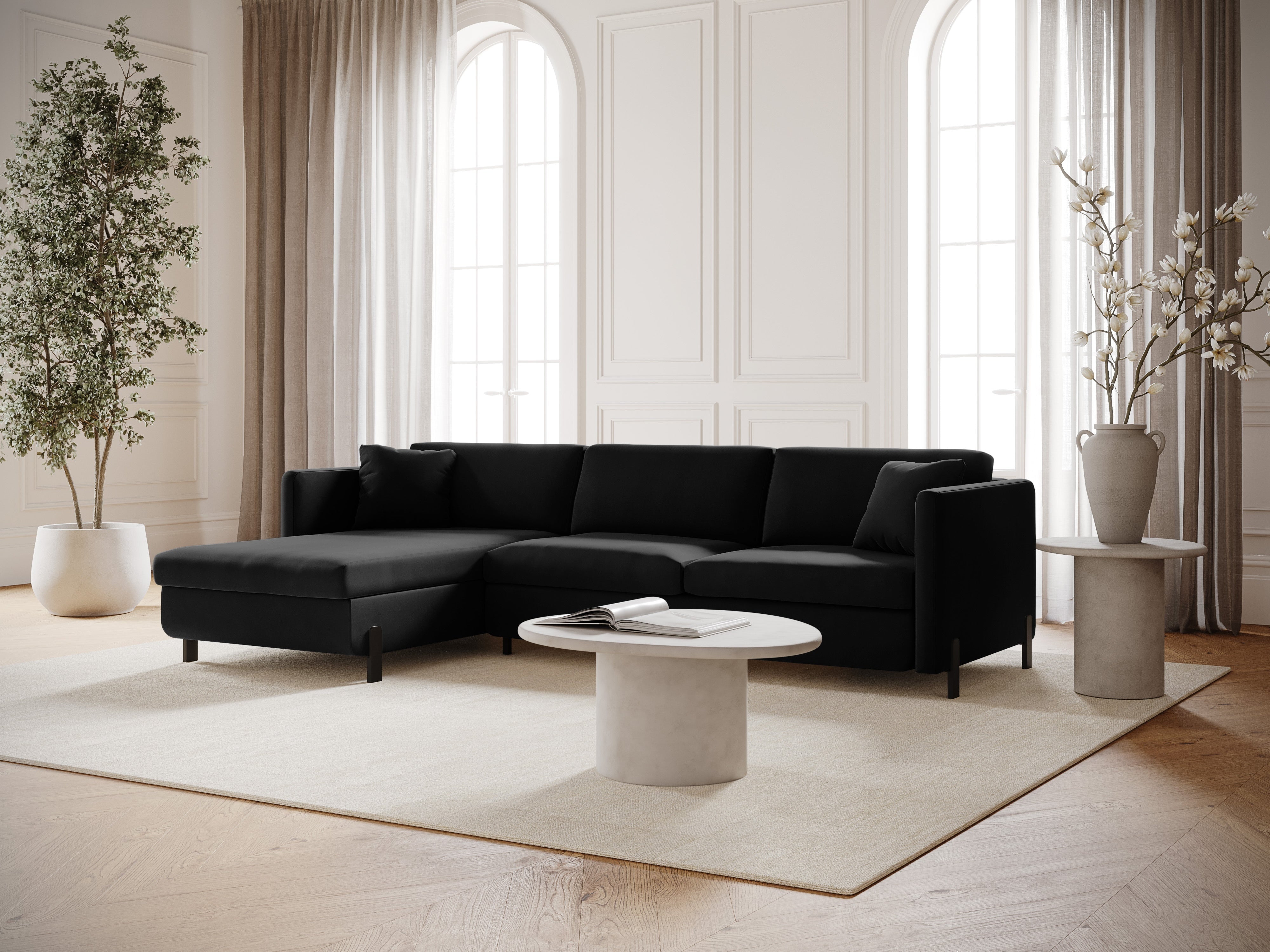 Left-facing velvet corner sofa for 4 people with sleeping function GLORIA black