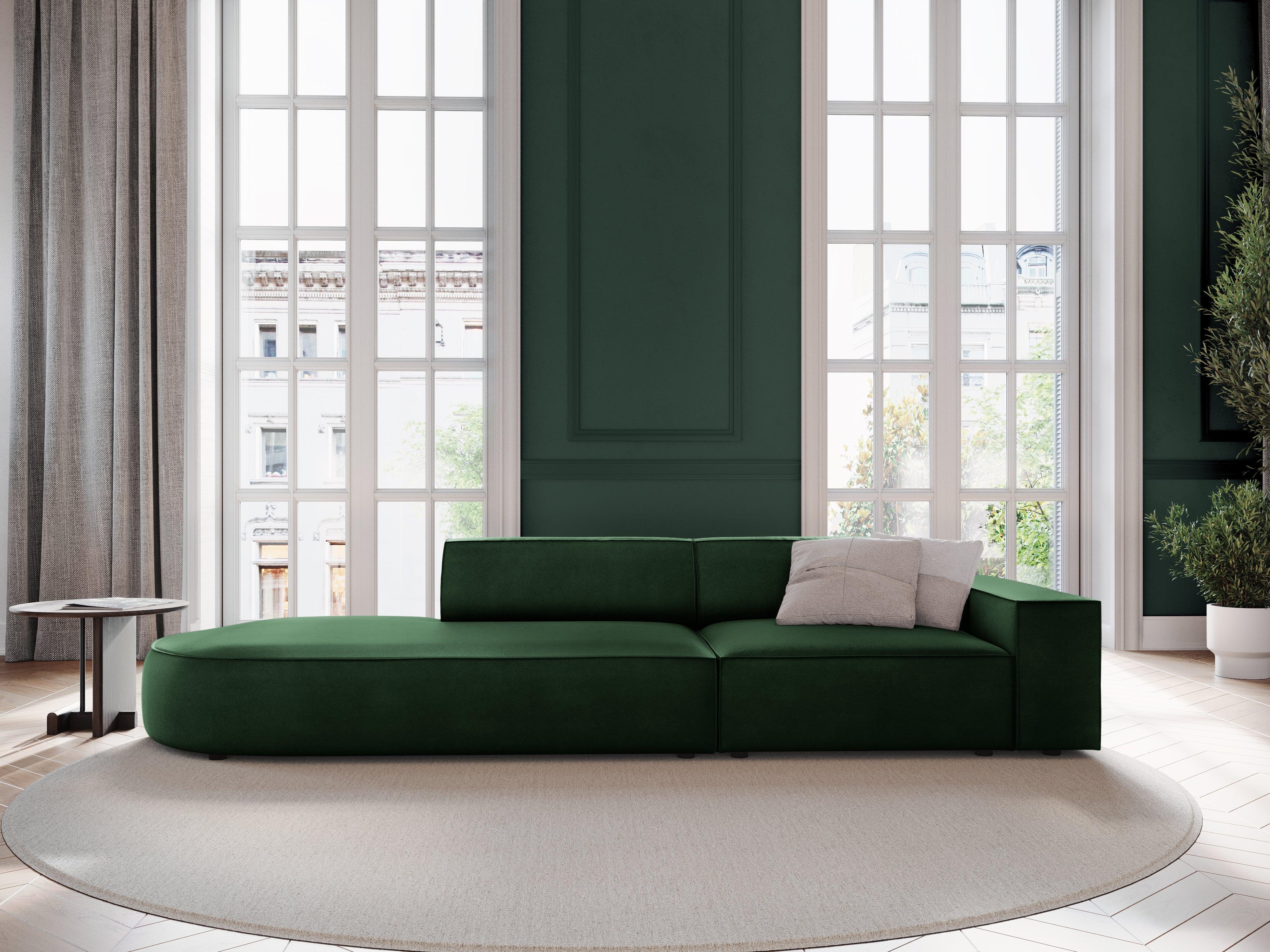 Sofa aksamitna lewostronna okrągła 3-osobowa JODIE butelkowa zieleń Micadoni Eye on Design