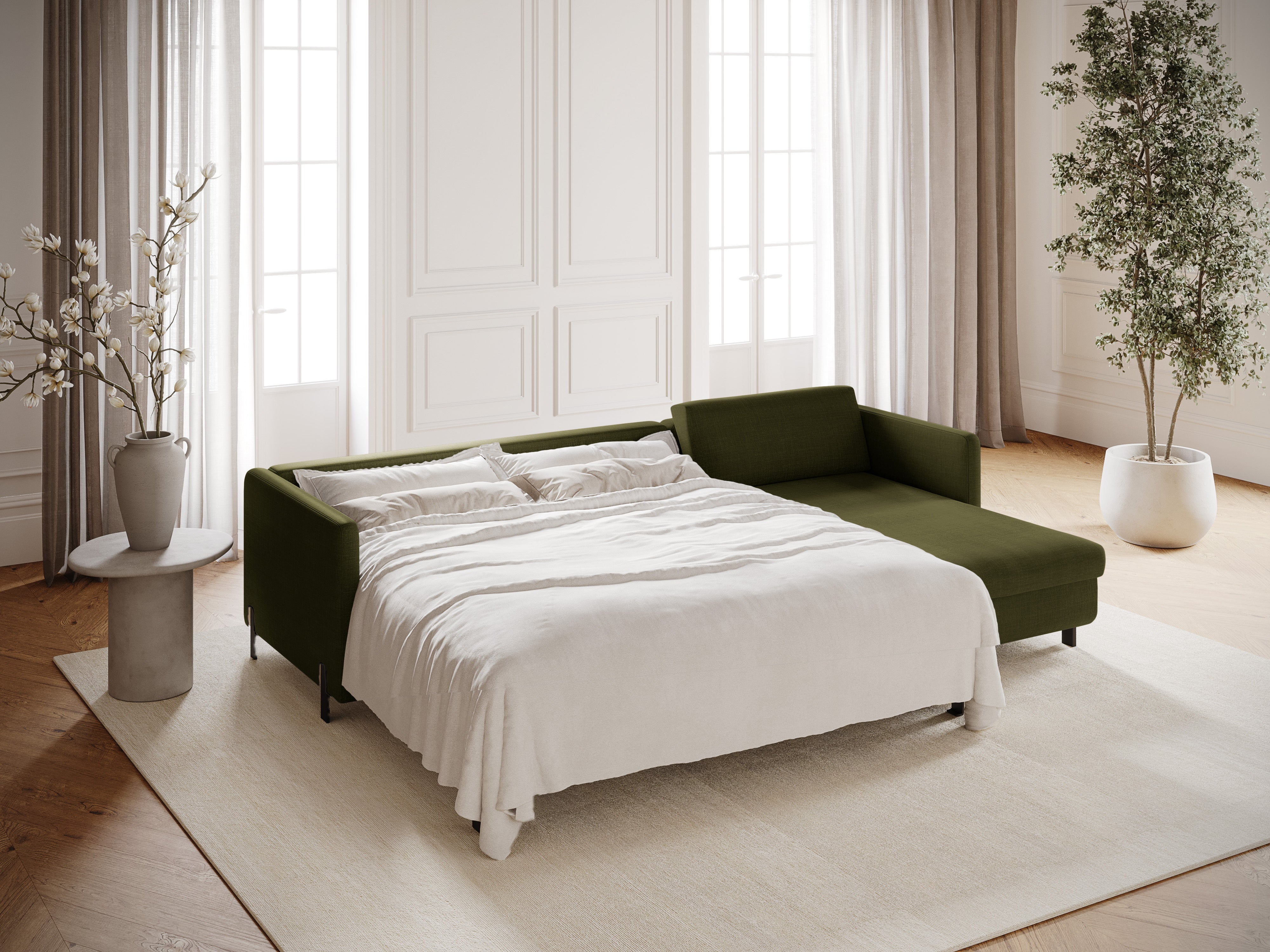 Right-sided corner sofa bed GLORIA green chenille