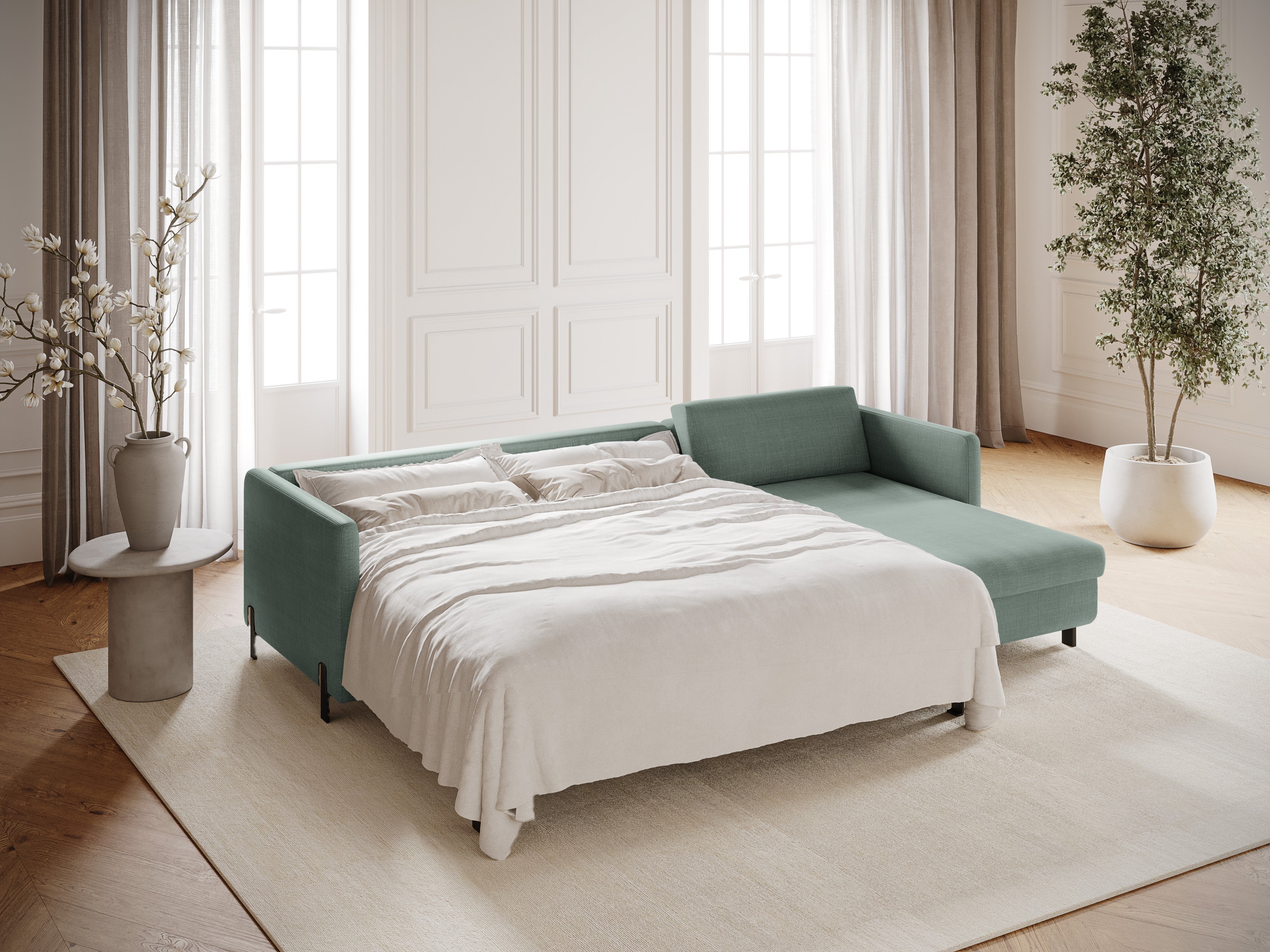 Pravostranný rohový gauč s funkciou spania GLORIA mätový šenil