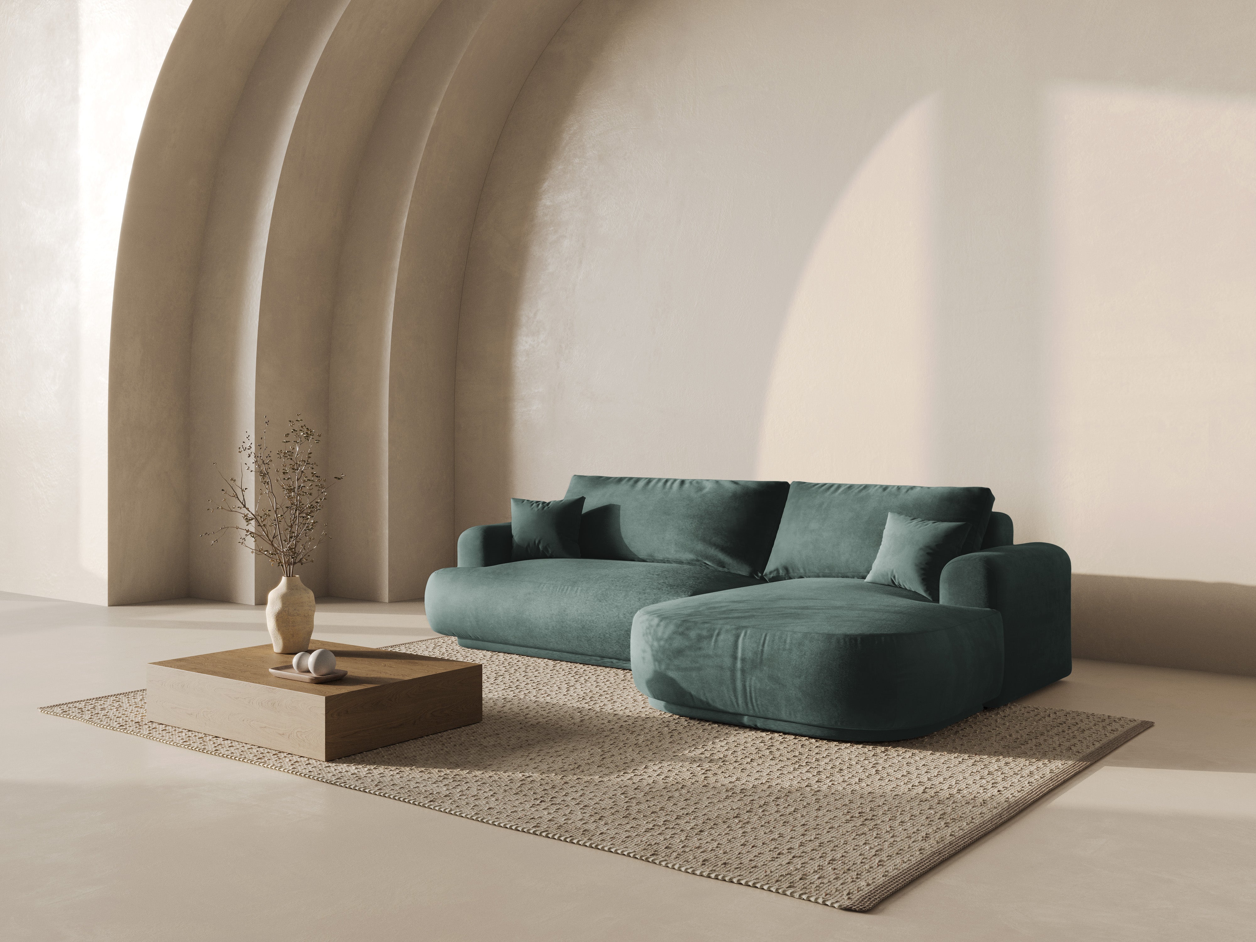 Pravostranný rohový gauč z aksamitného materiálu s funkciou spania ELLA petrol