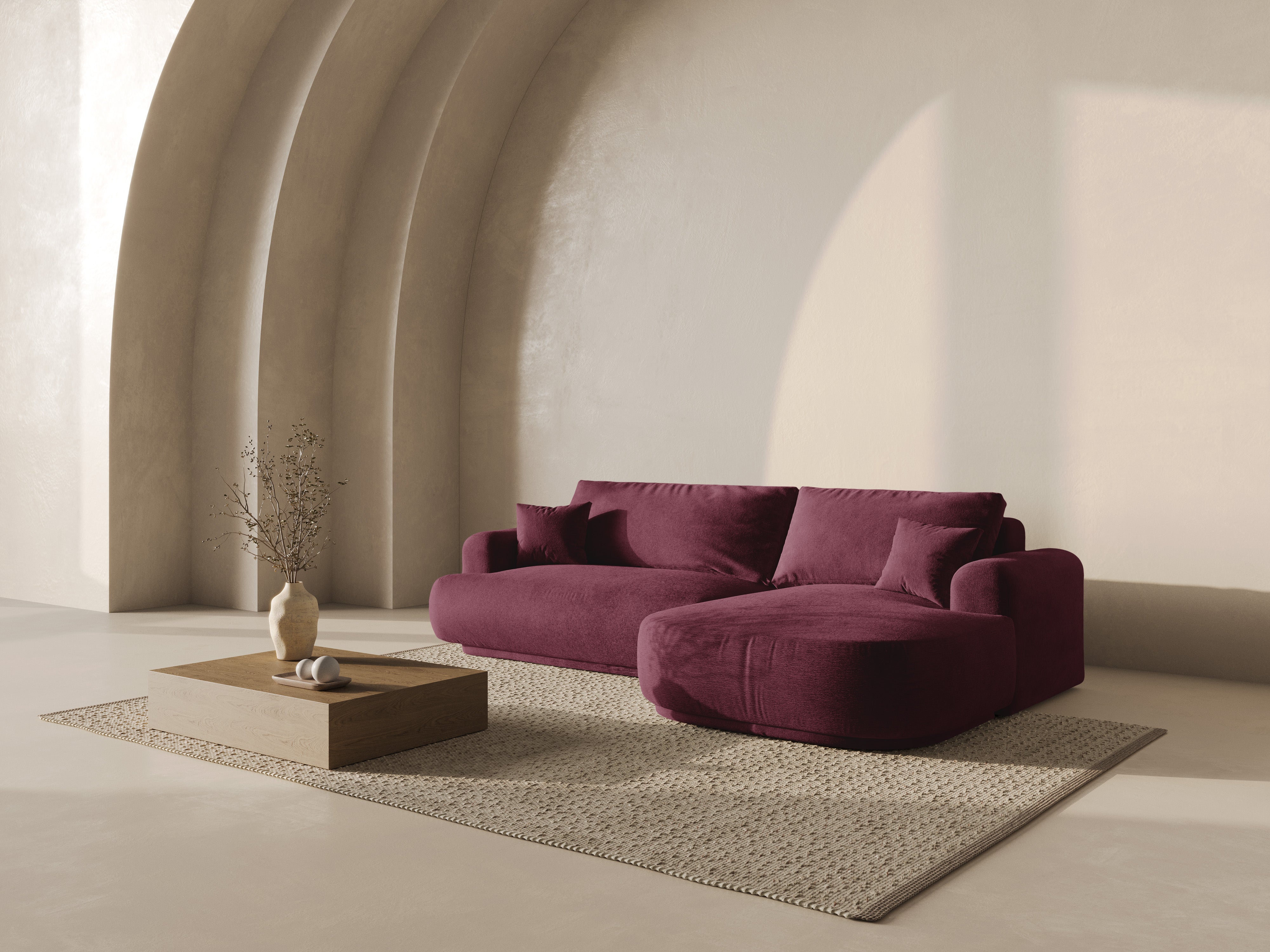 Pravostranný rohový gauč s funkciou spania ELLA burgundský