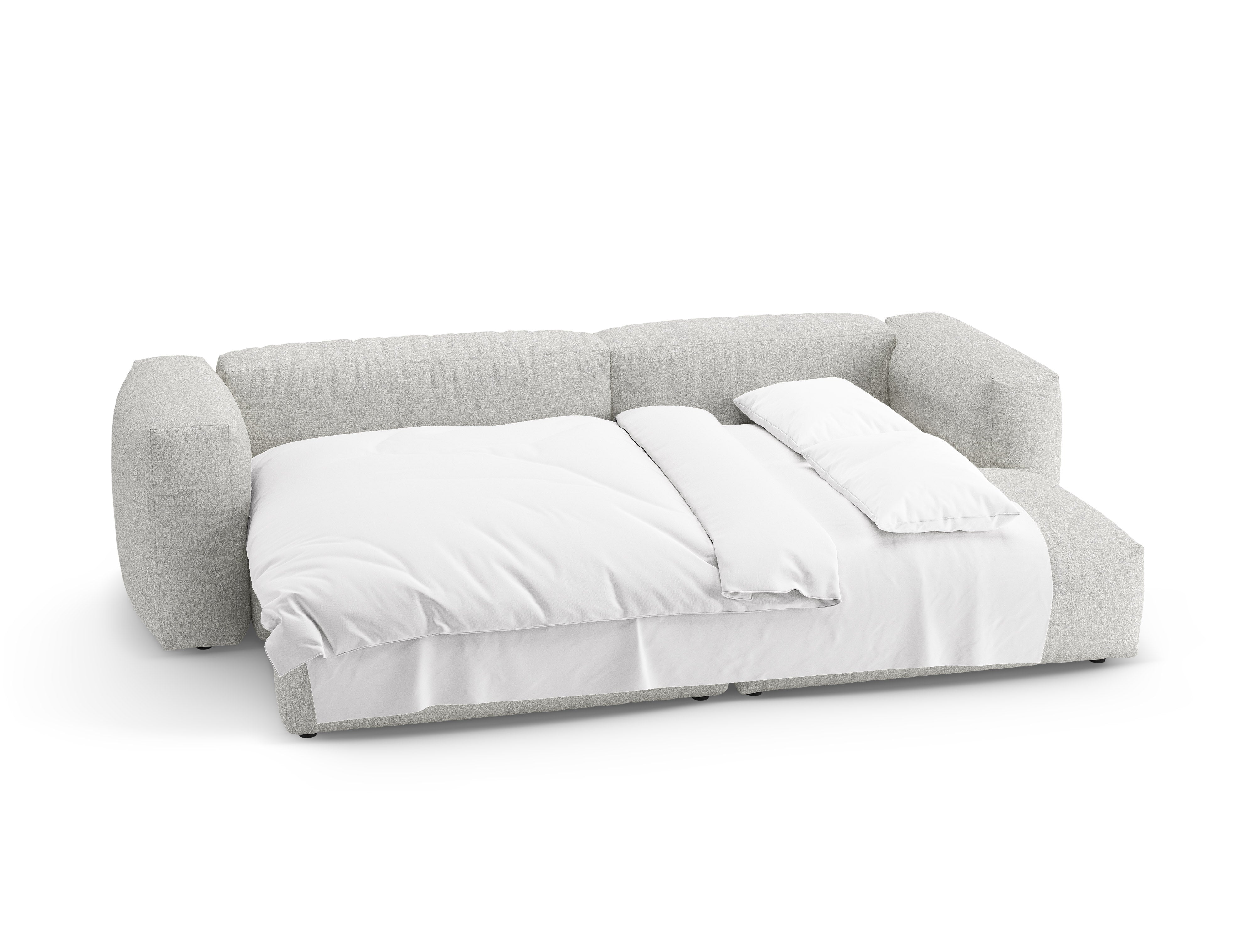 Right-facing corner sofa bed MARTINA in gray-beige mélange boucle