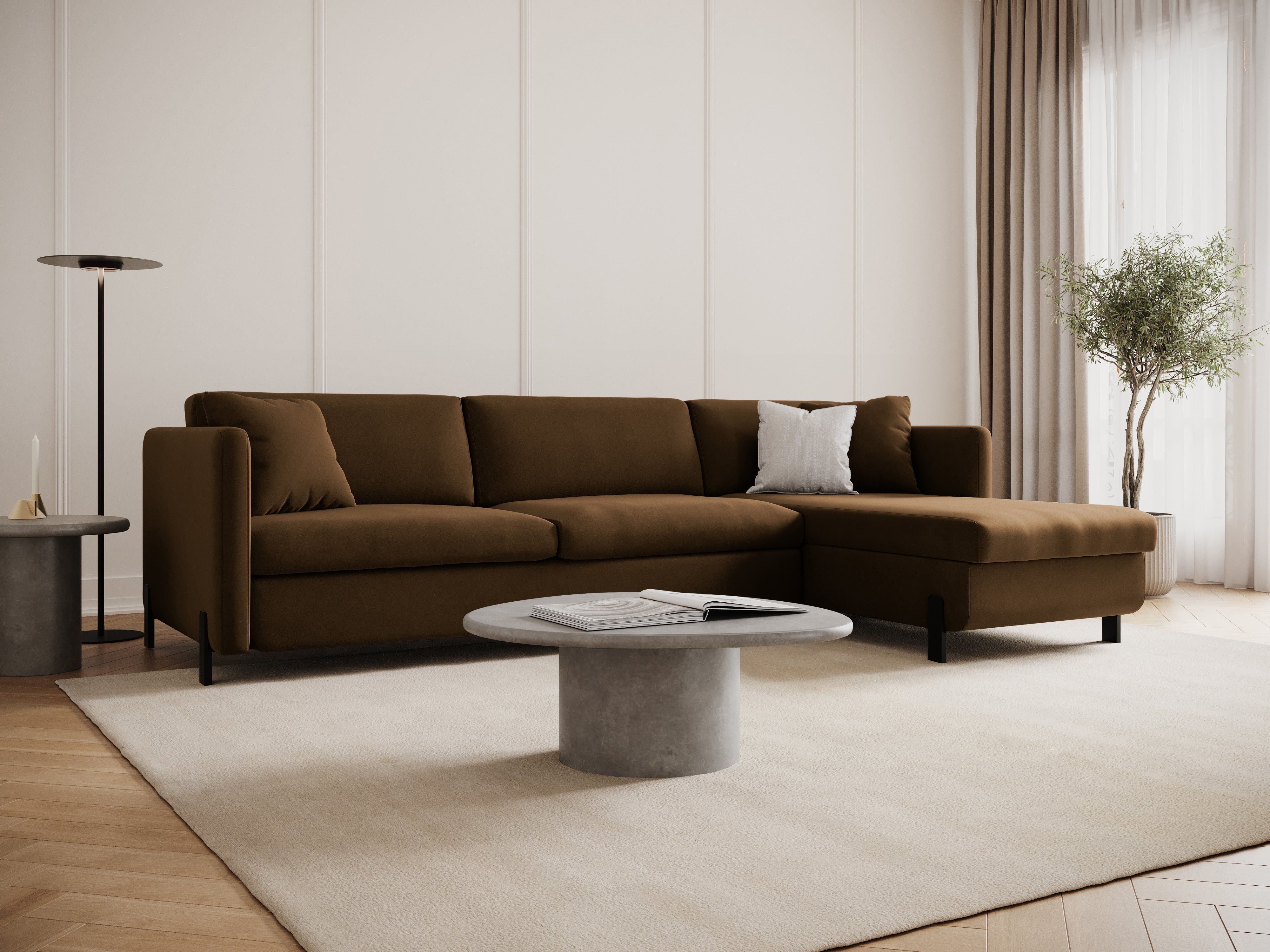 Rohová pohovka z jemného sametu pravostranná s funkciou spania GLORIA čokoládová