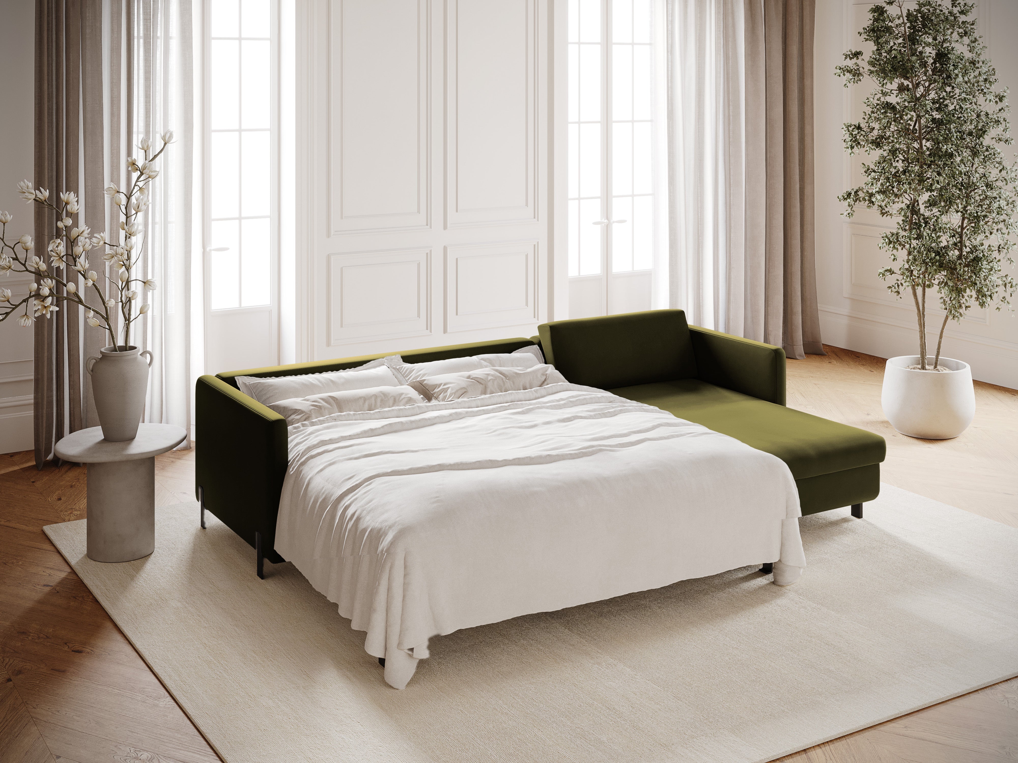 Right-facing velvet corner sofa with sleeping function GLORIA green