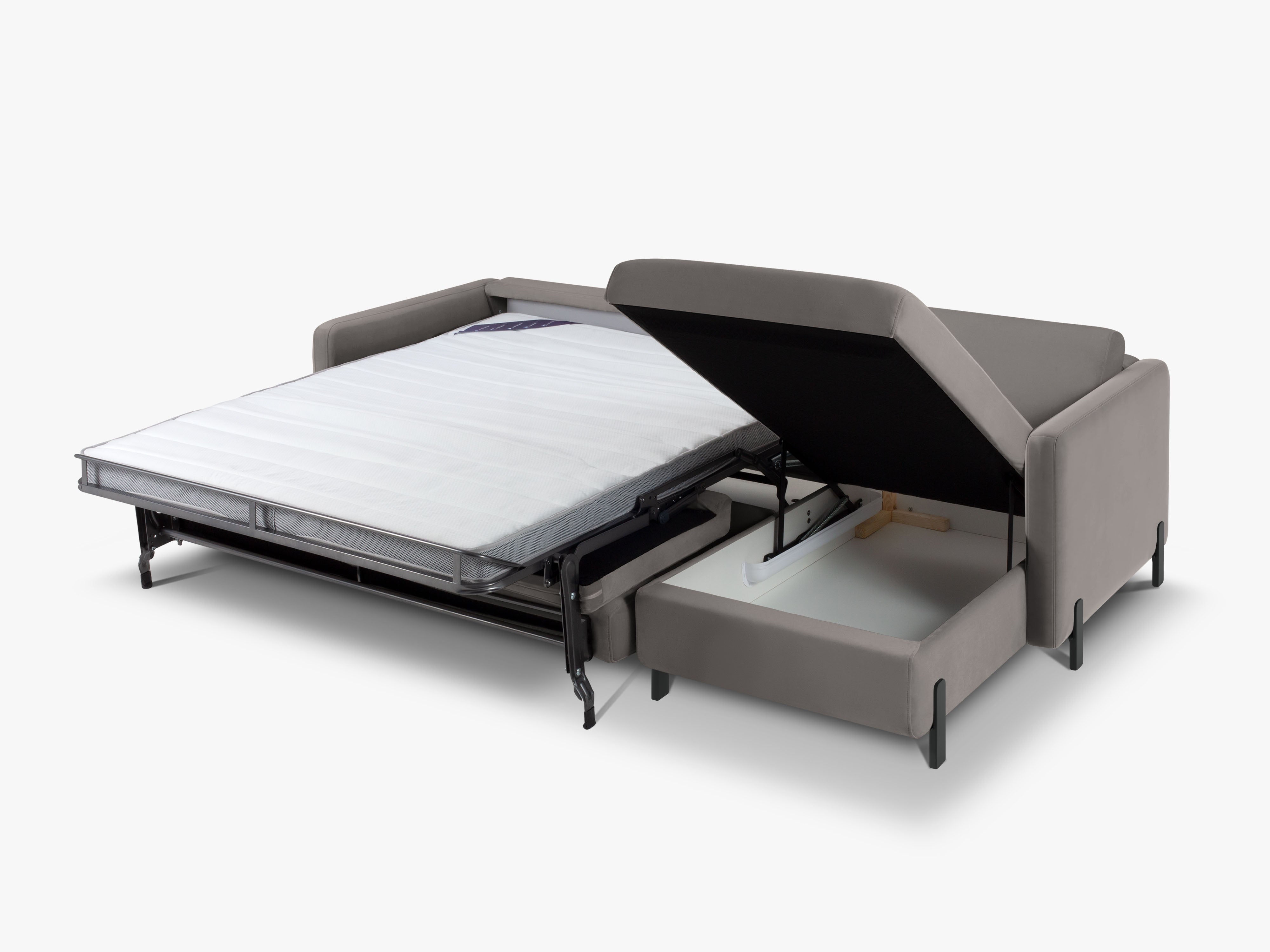 Sivý pravostranný sametový rohový gauč s funkciou spania GLORIA