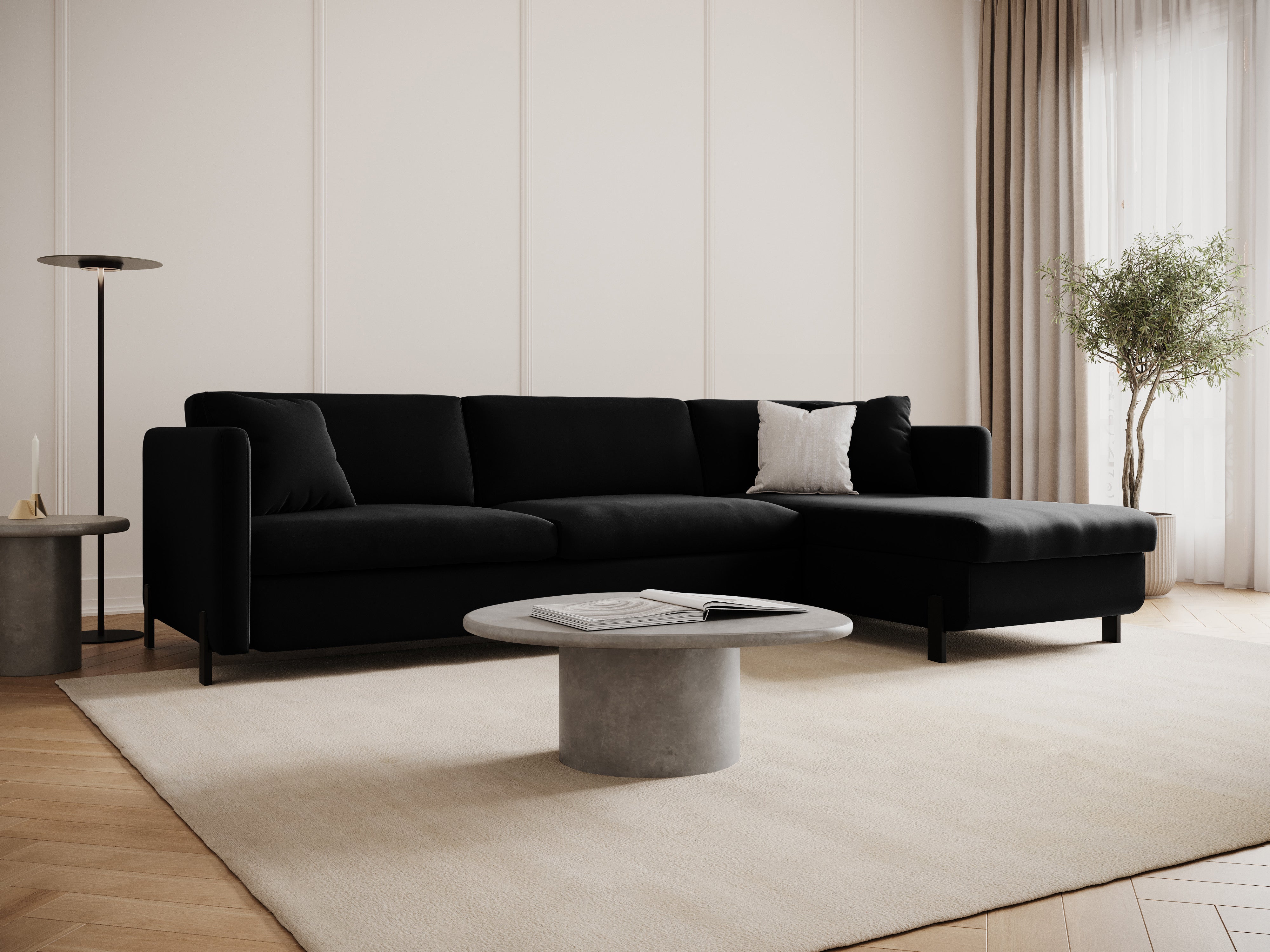 Black velvet right-sided corner sofa bed GLORIA