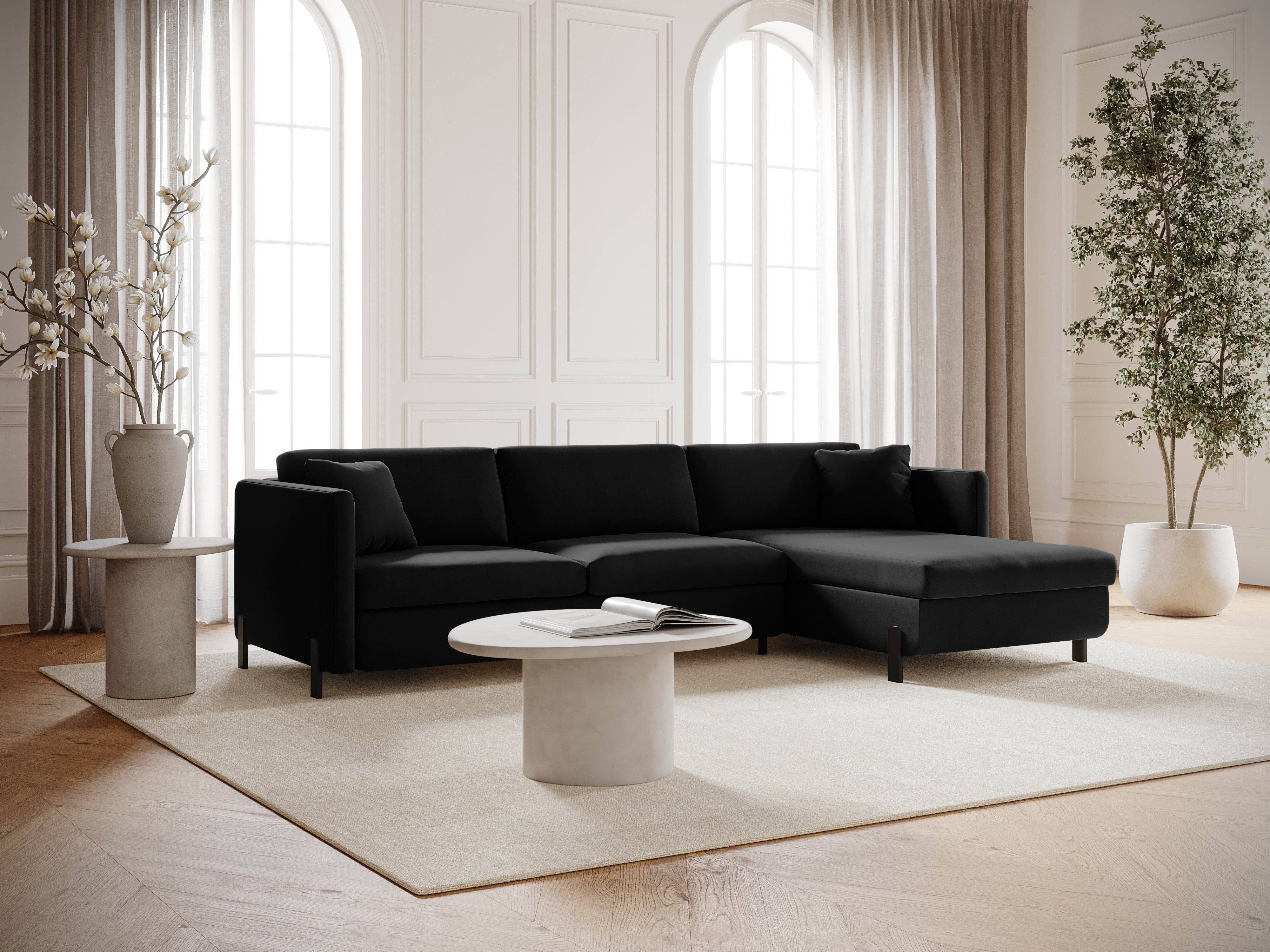 Black velvet right-sided corner sofa bed GLORIA