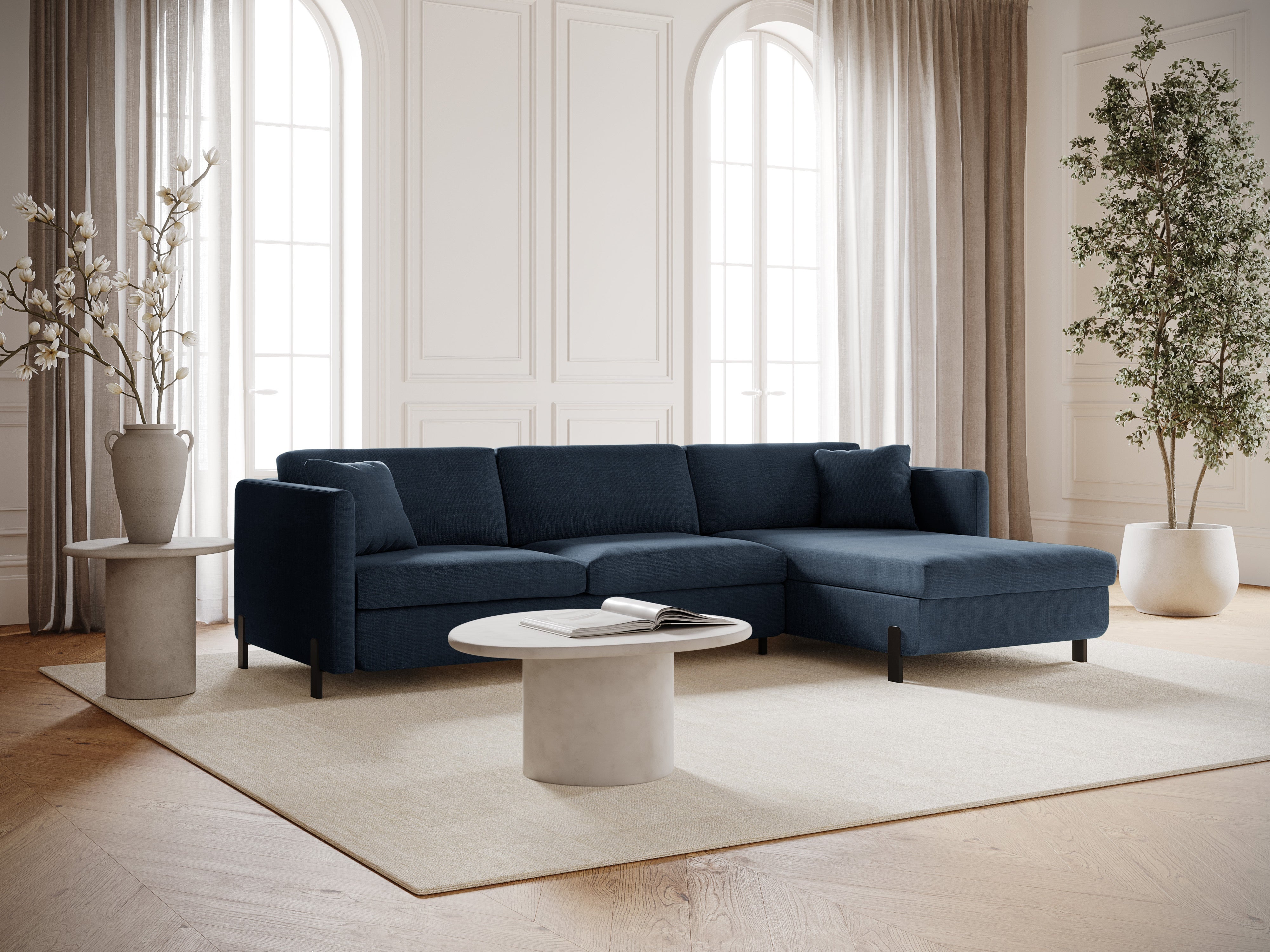 Right-facing corner sofa for 4 people with sleeping function GLORIA blue chenille