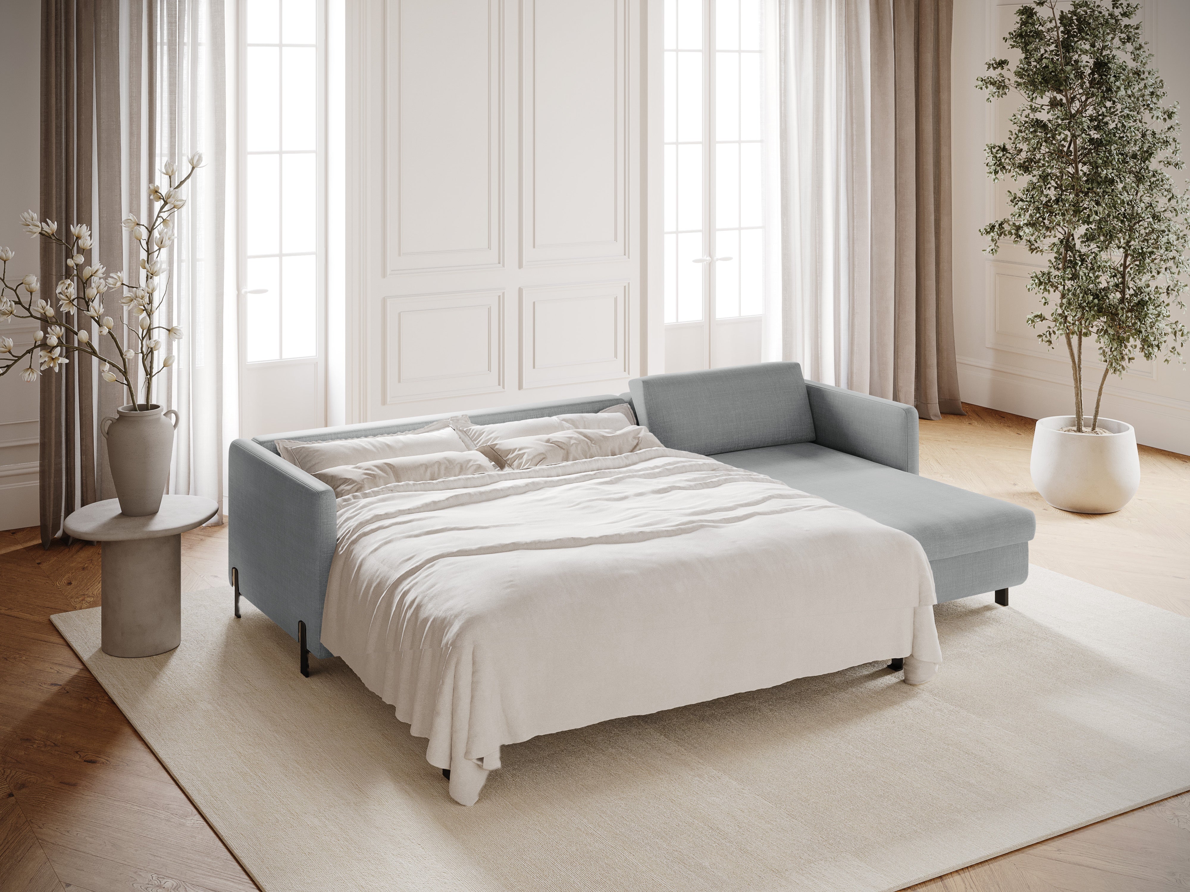 Pravostranný rohový gauč pre 4 osoby s funkciou spania GLORIA svetlosivý šenil