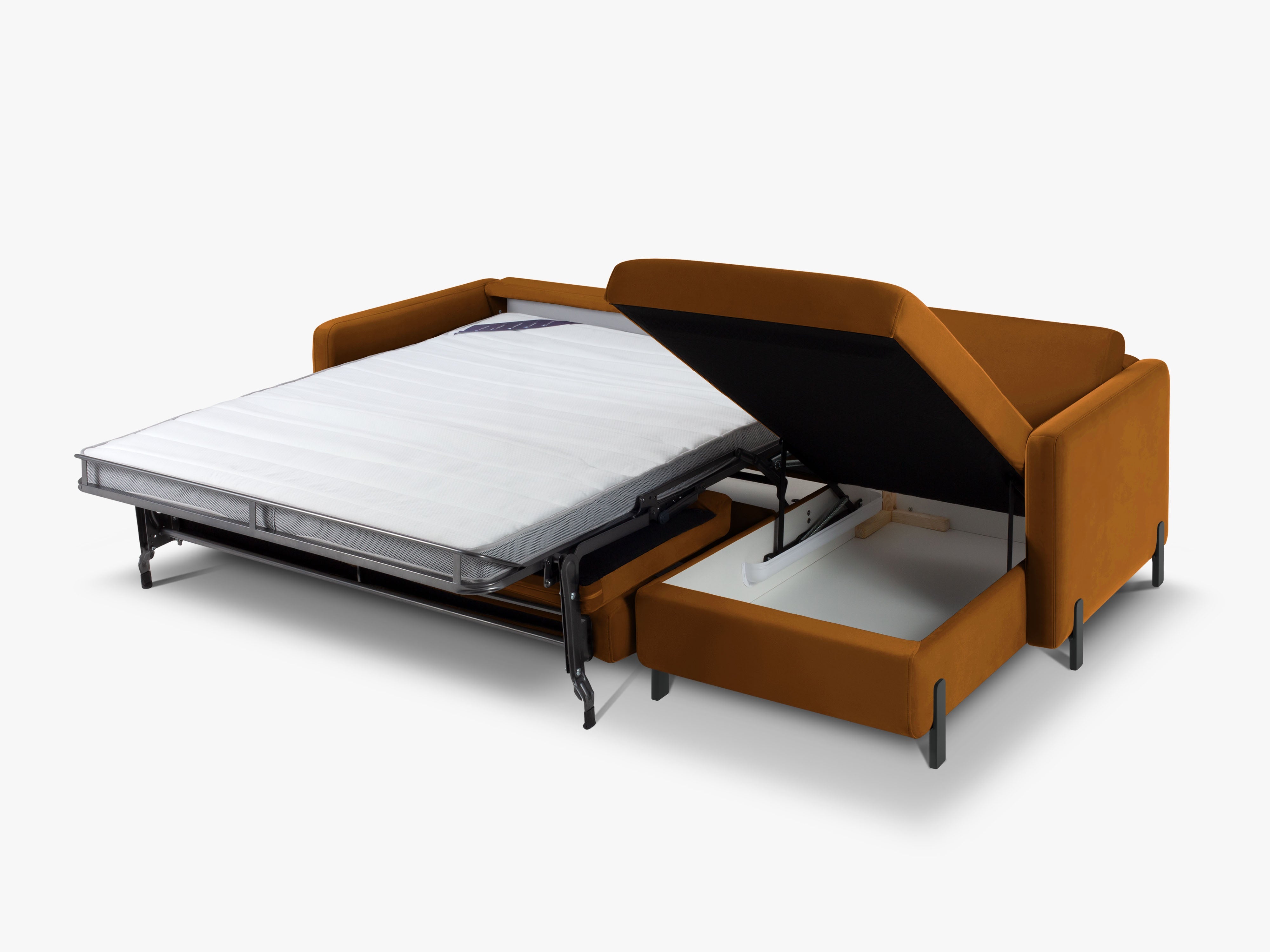 Hnedý pravostranný sametový rohový gauč pre 4 osoby s funkciou spania GLORIA