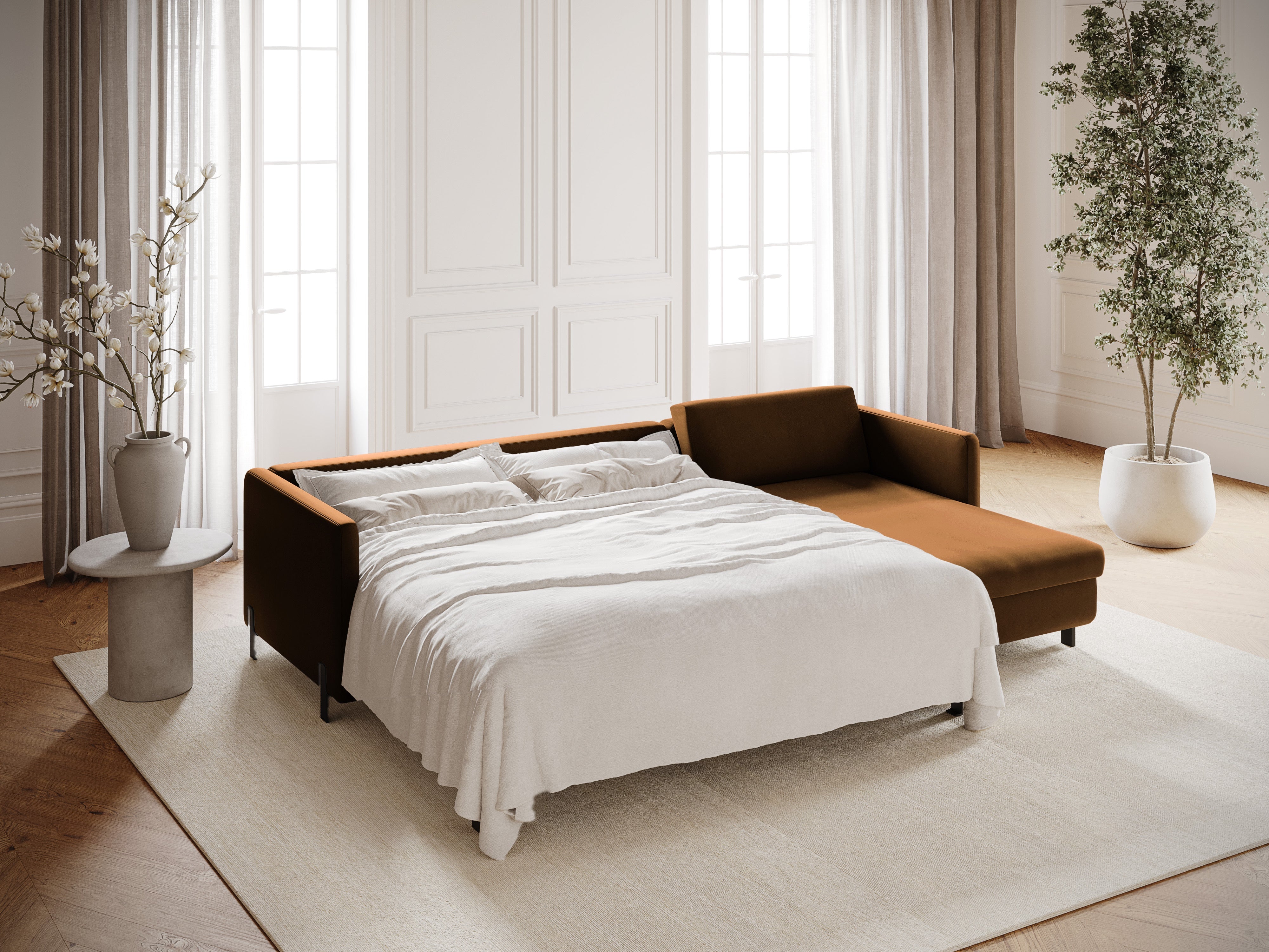 Hnedý pravostranný sametový rohový gauč pre 4 osoby s funkciou spania GLORIA