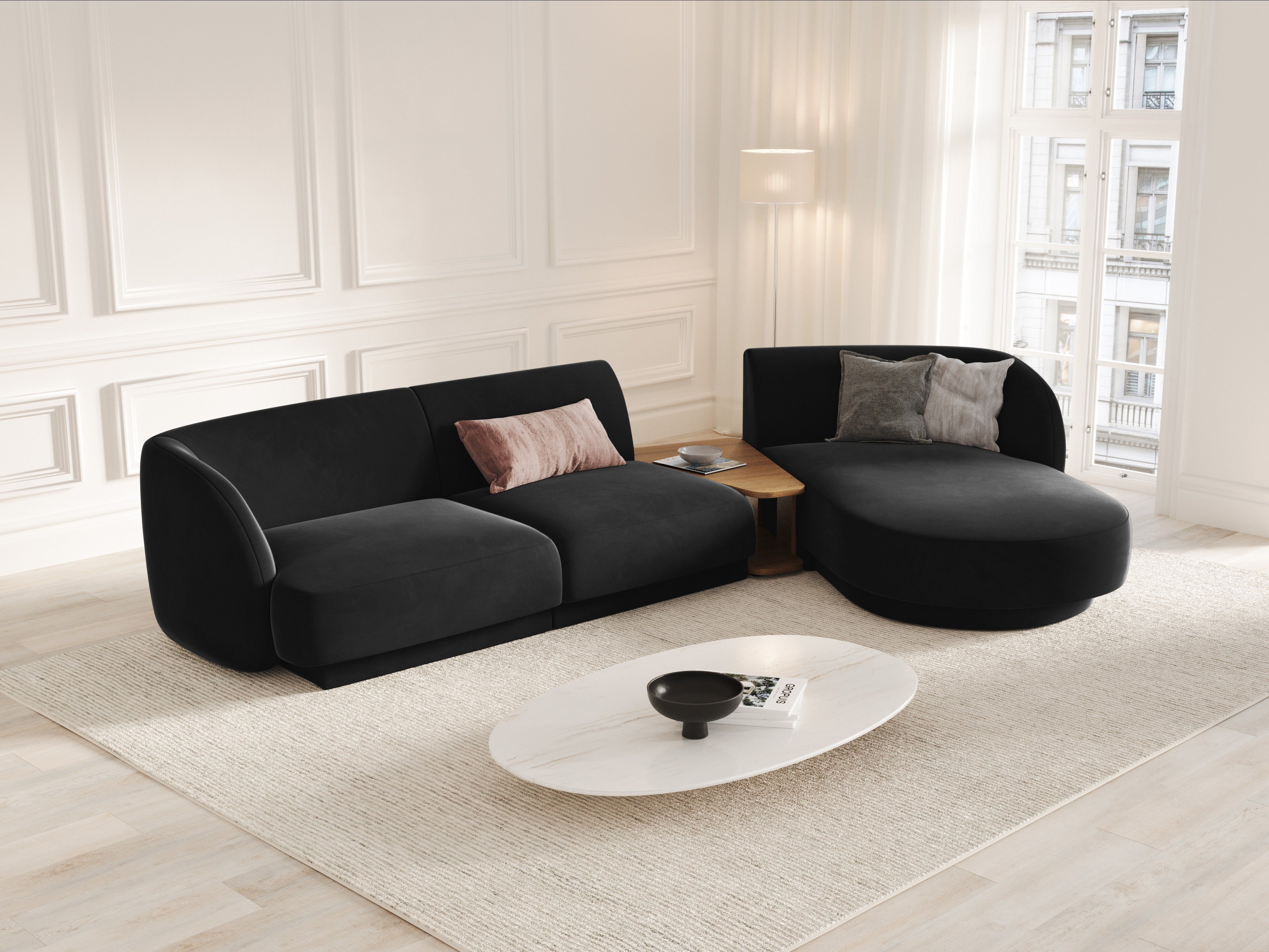 Modular corner sofa with table 3-seater right-facing velvet MILEY black