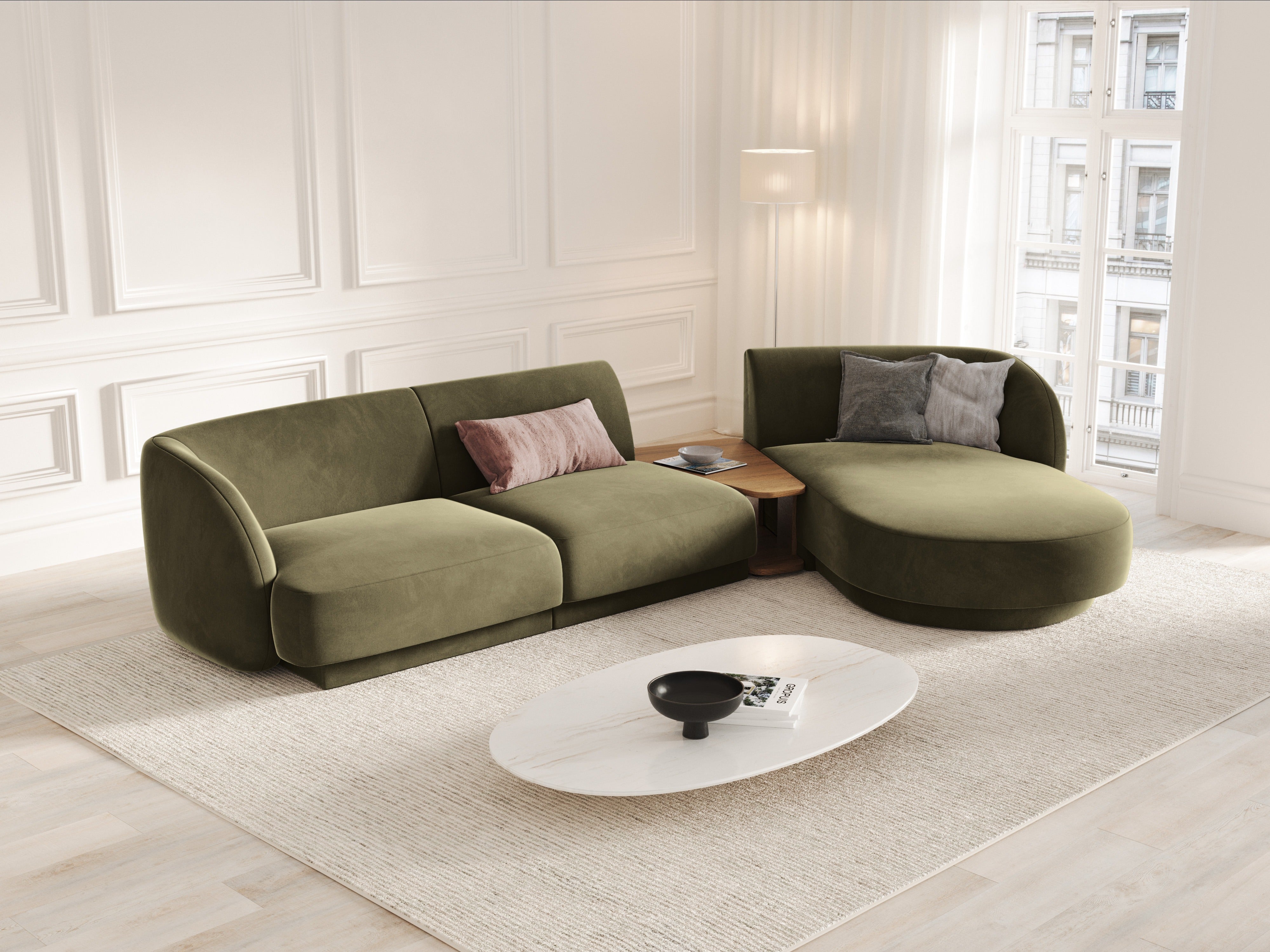 Modular corner sofa with table 3-seater left-sided MILEY green boucle
