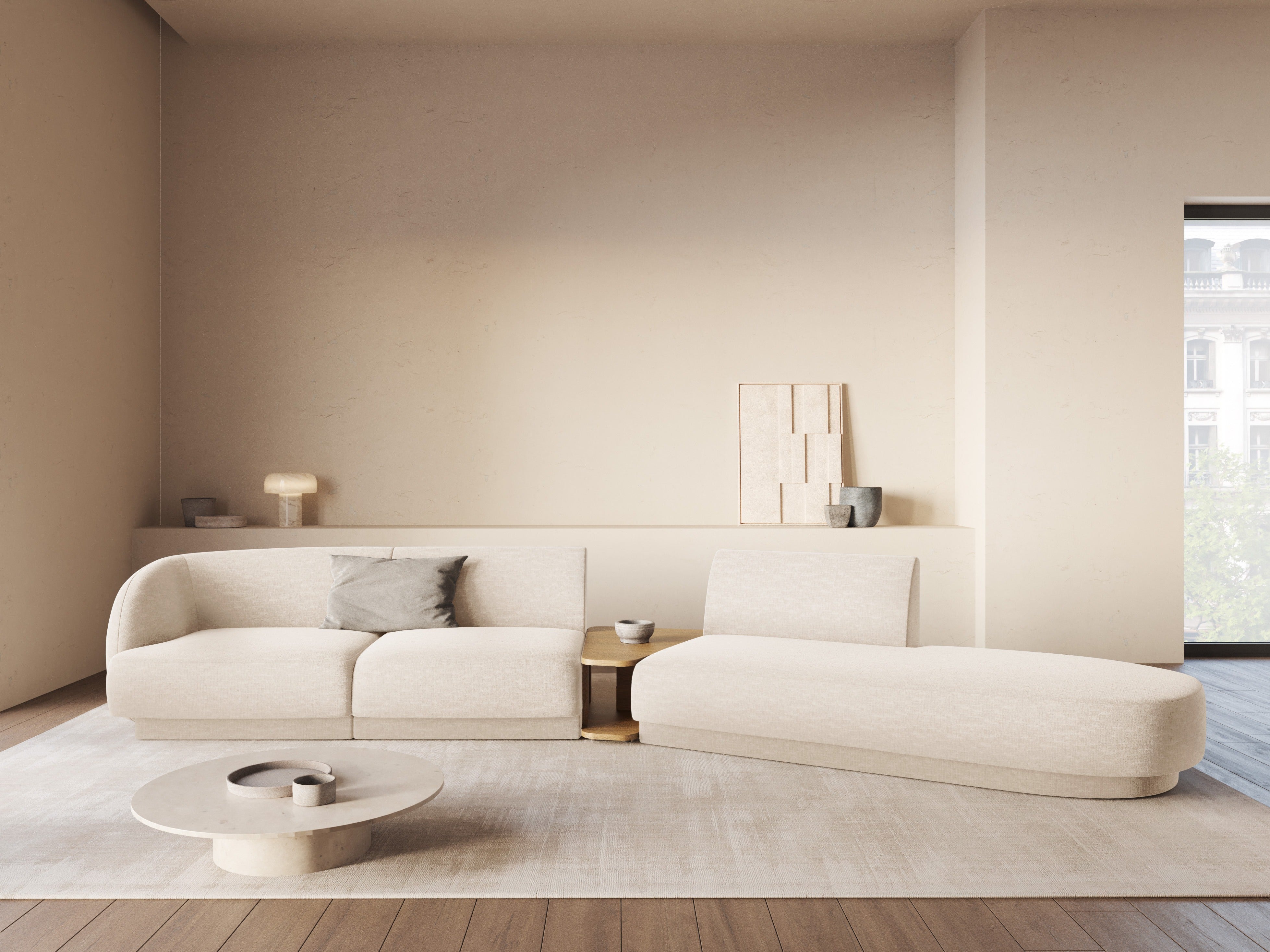 Right-facing modular sofa with table for 4 people MILEY light beige silky chenille