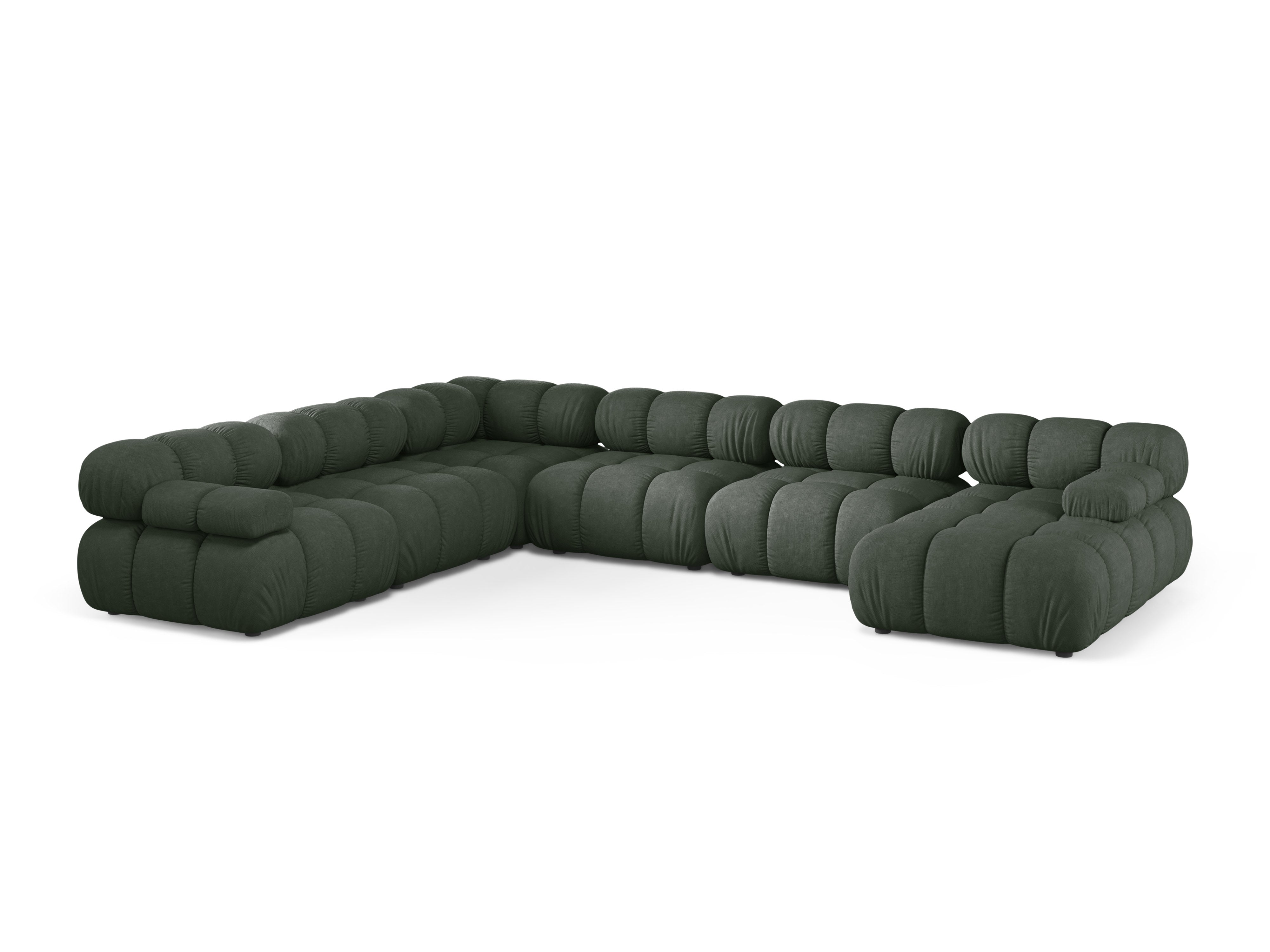 Panoramatický rohový gauč BELLIS v tmavozelenej farbe.