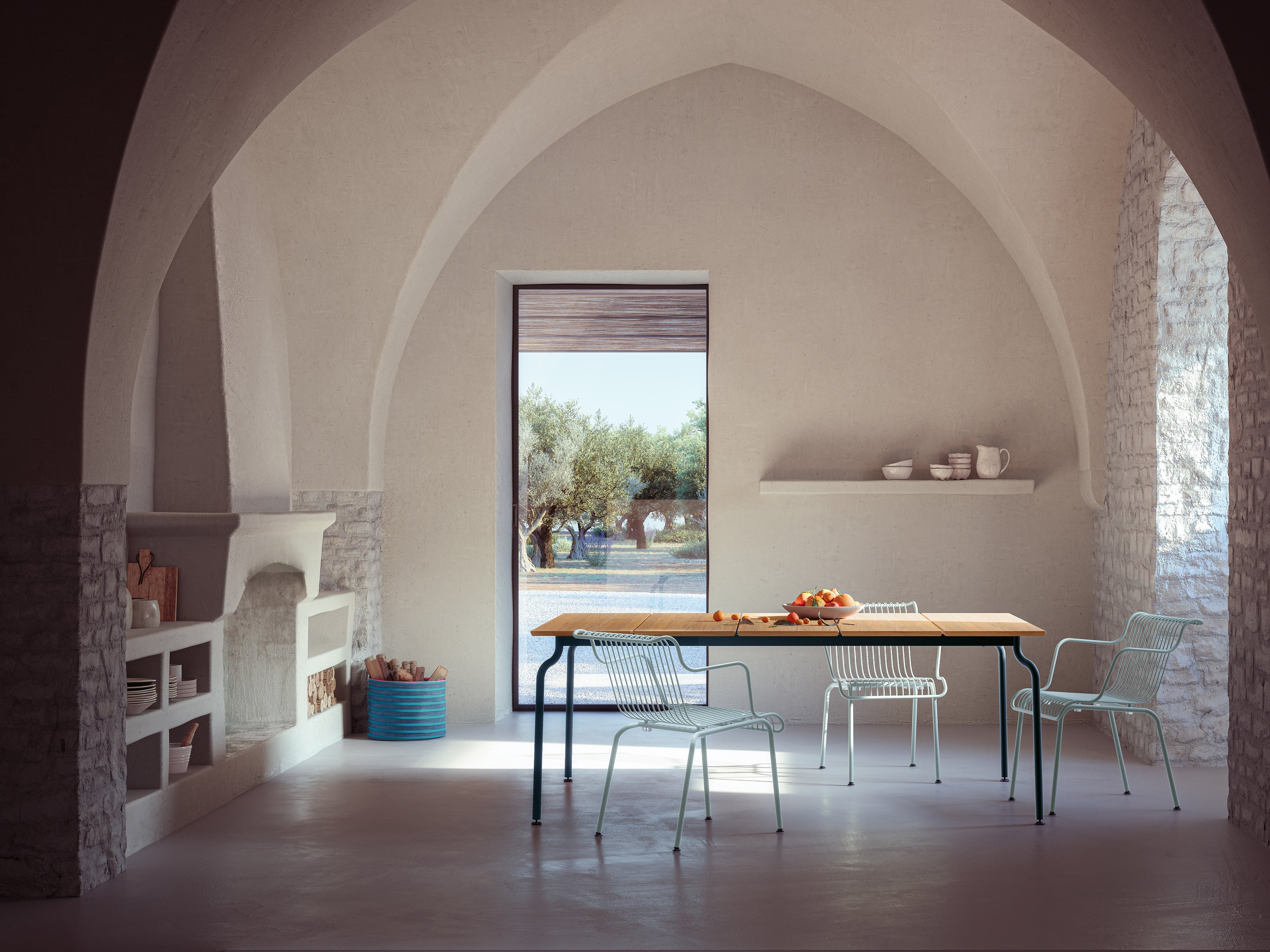 Záhradný stôl SOUTH z teakového dreva s modrou základňou