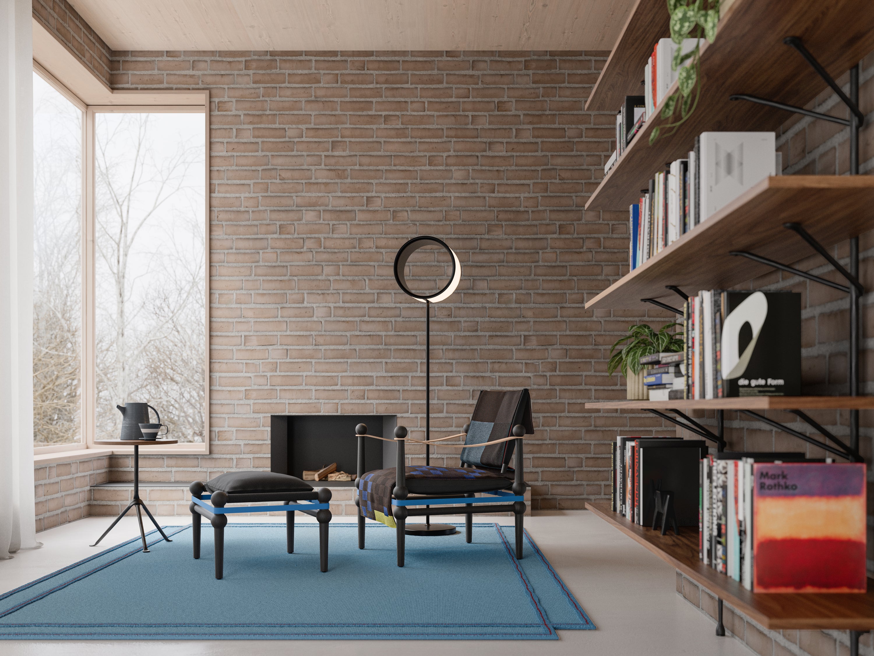 Fotel z kocem TWAIN hnedo-modrý s čiernym bukovým podstavcom