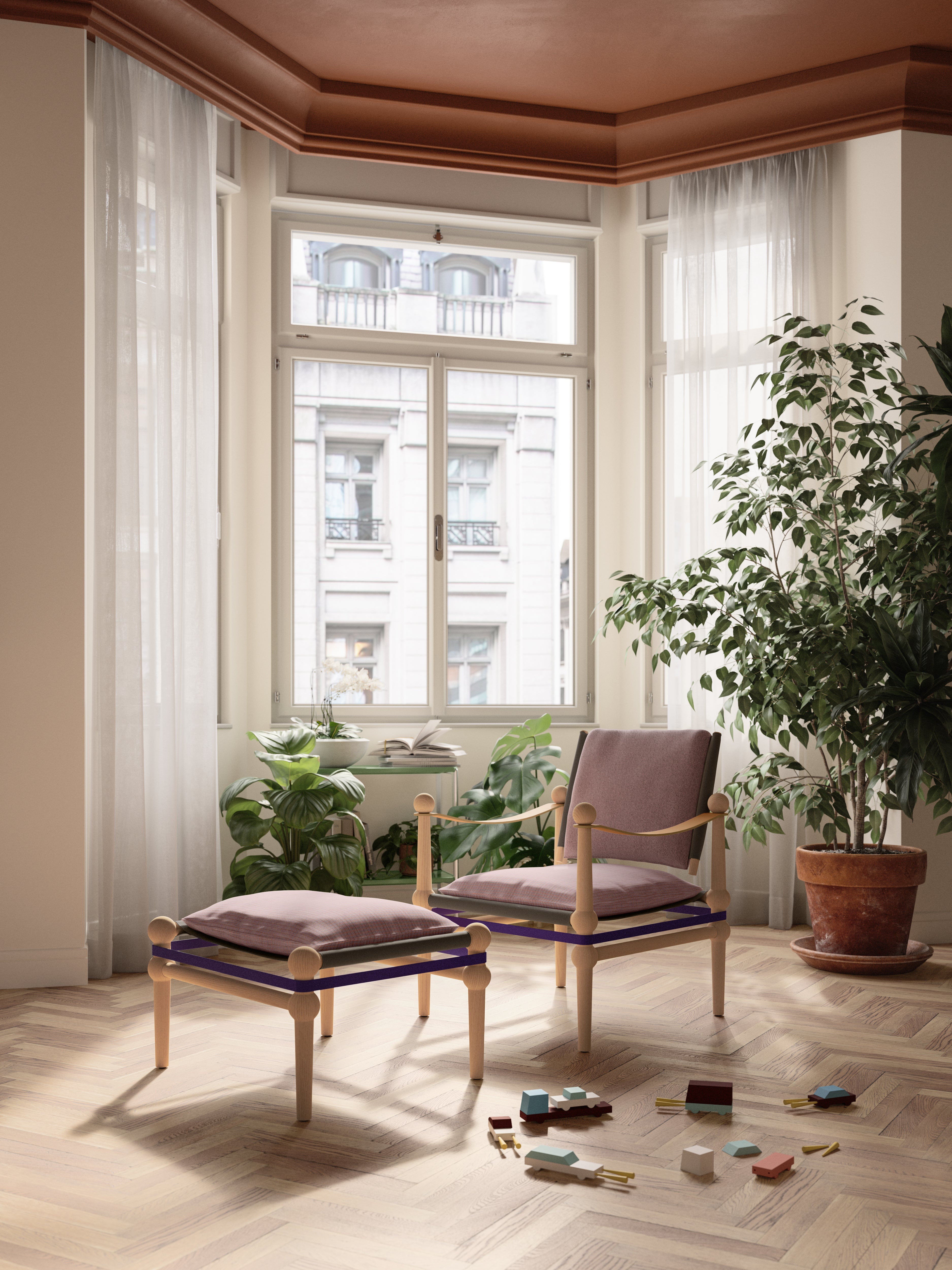 TWAIN ottoman customized with a black beech base