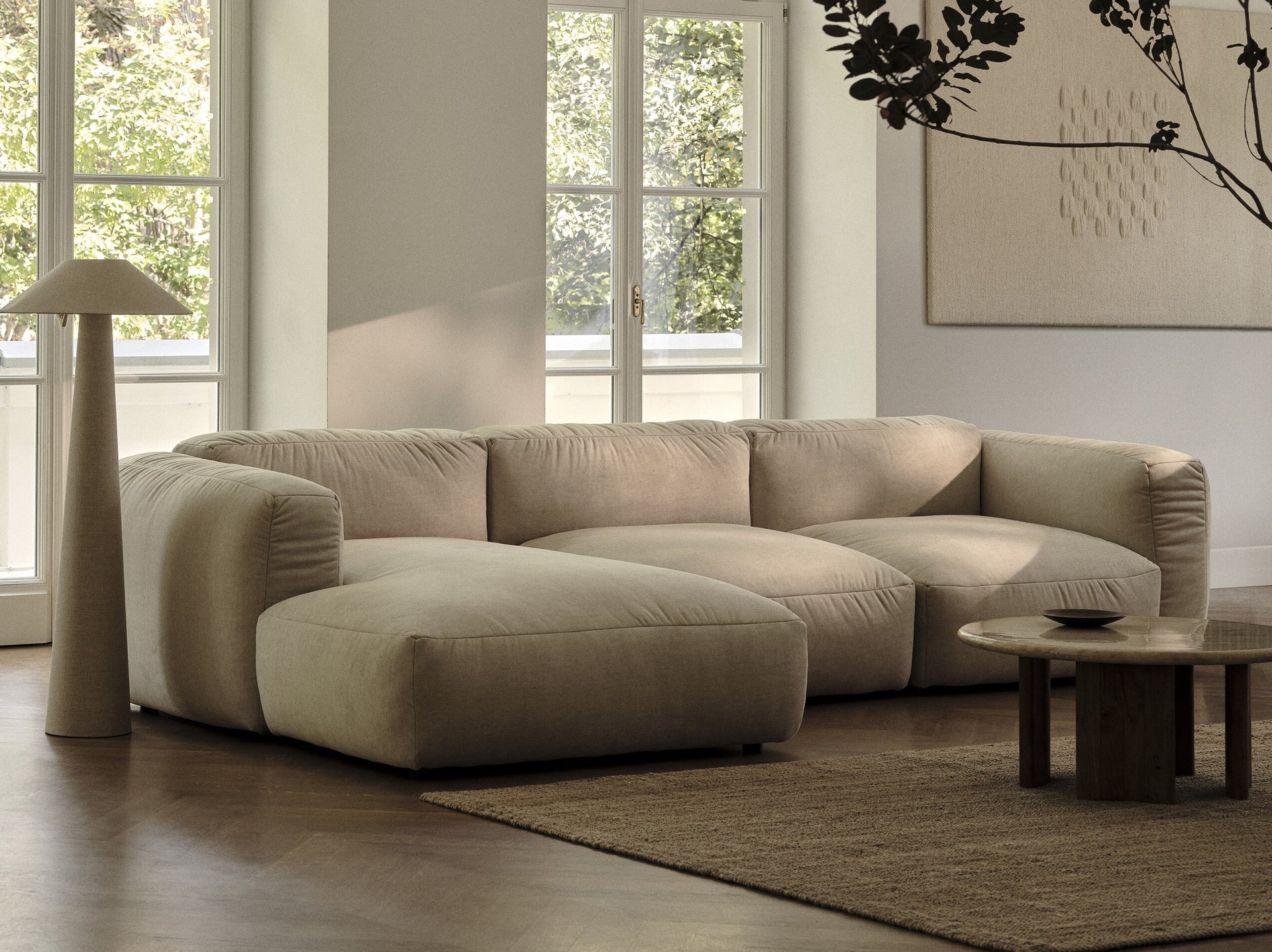 Velvet sofa 4-seater Martin light beige