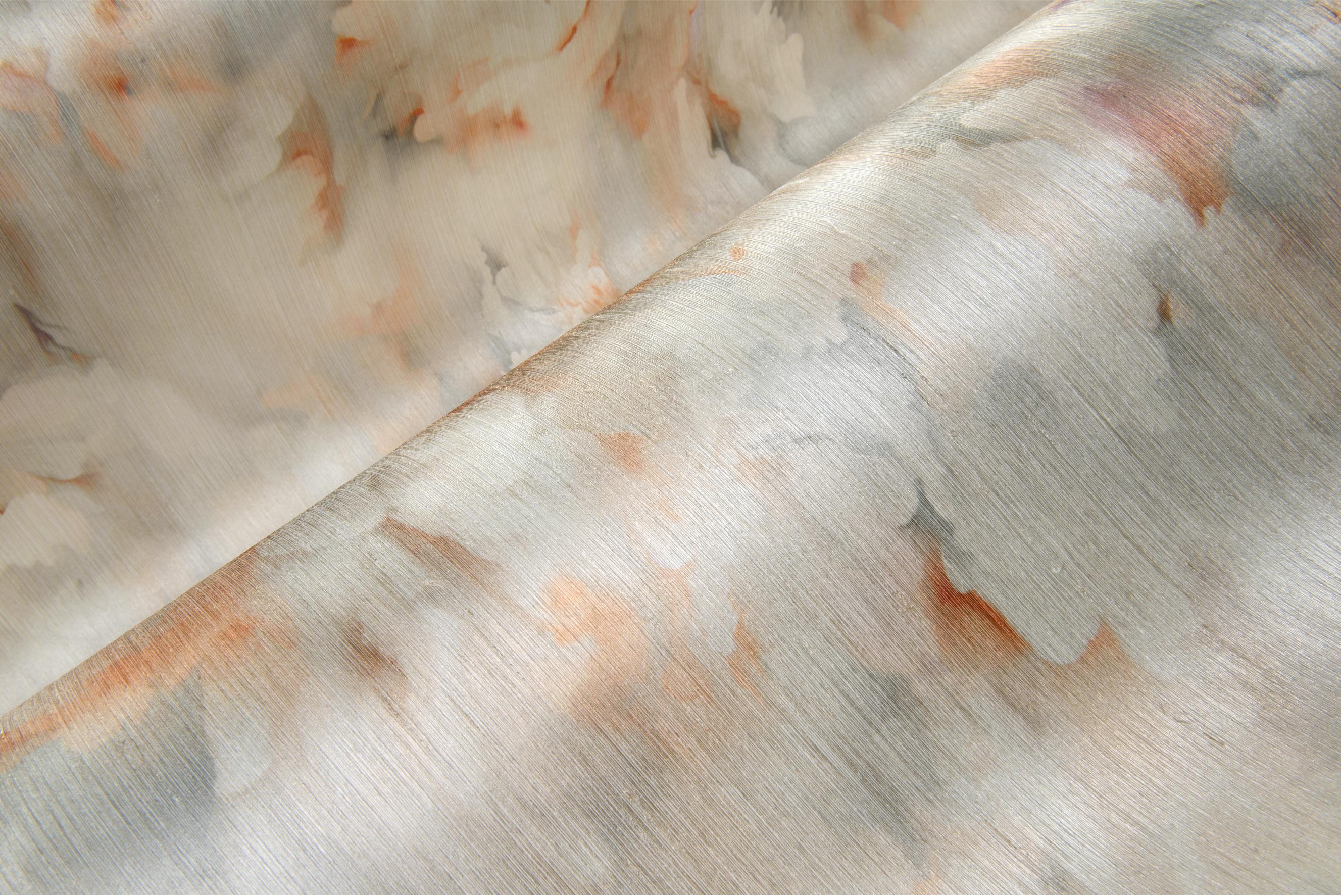 Silk textile wallpaper with abstract pattern SILK BOMBIS orange with beige