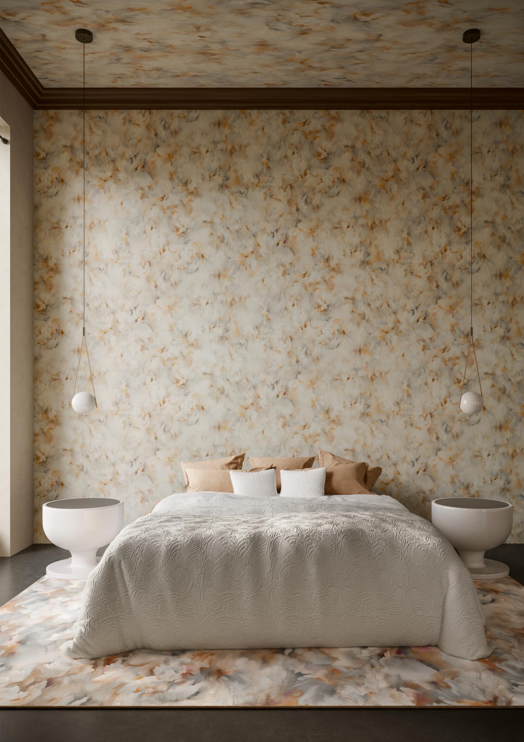 Textilná tapeta z hodvábu s motívom kvetinových lupienkov SILK BOMBIS béžová s bielou